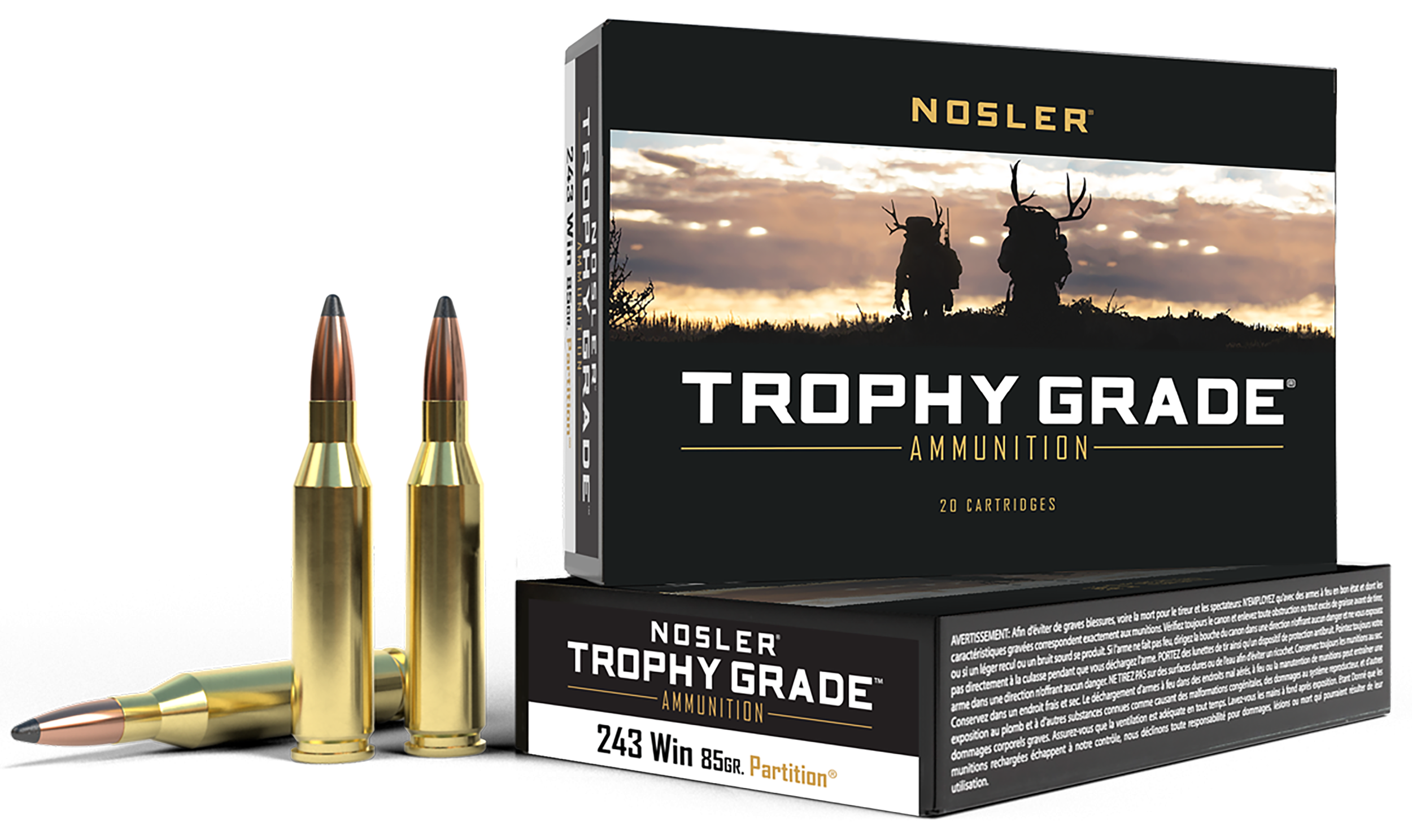 Nosler 60002 Trophy Grade 243Win 85gr Nosler Spitzer Partition 20 Per Box/10 Case