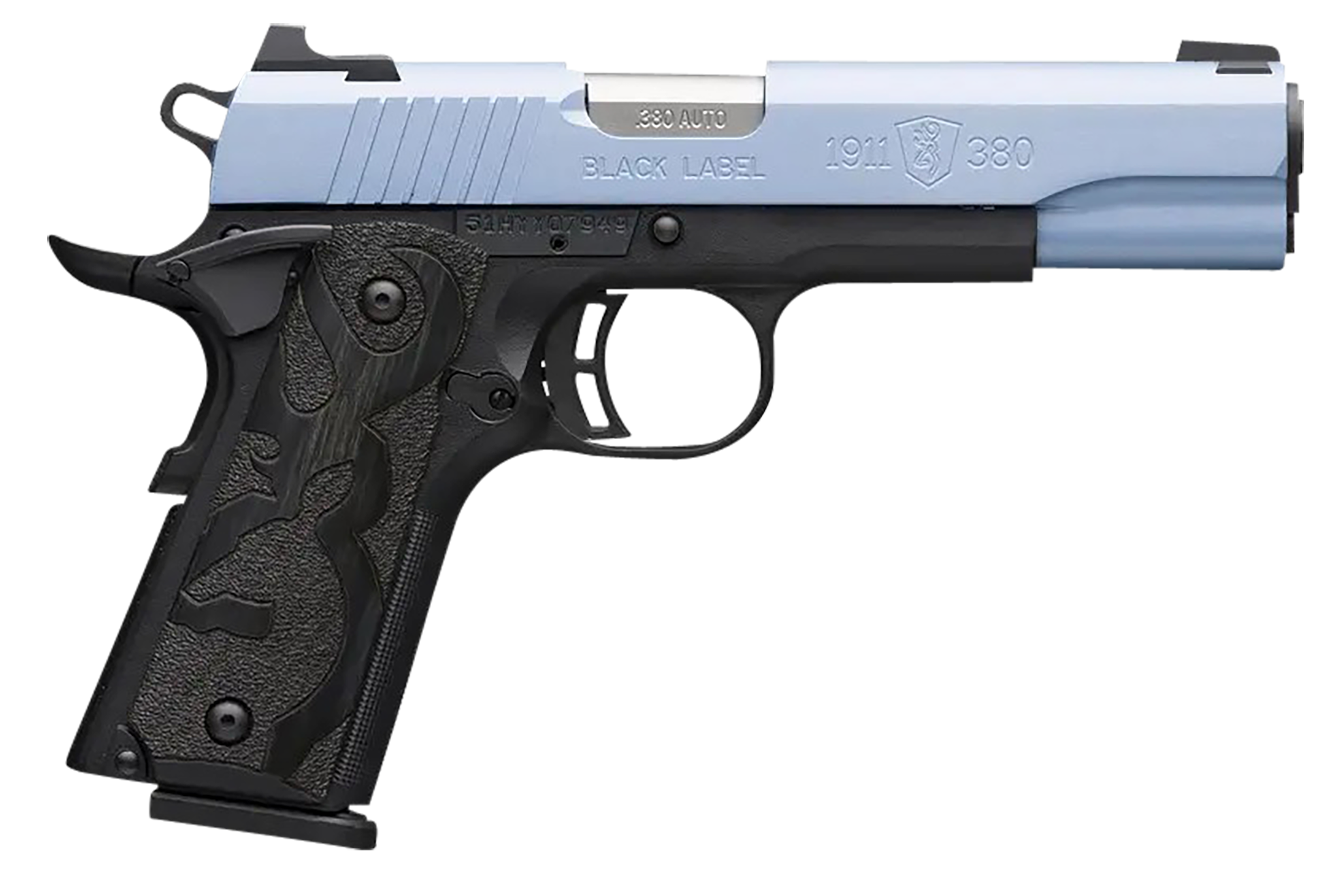 Browning 051989492 1911-380 Black Label Full Size Frame 380 ACP 8+1, 4.25" Matte Stainless Steel Barrel, Polar Blue Cerakote Serrated Aluminum Slide, Matte Black Polymer Frame w/Beavertail