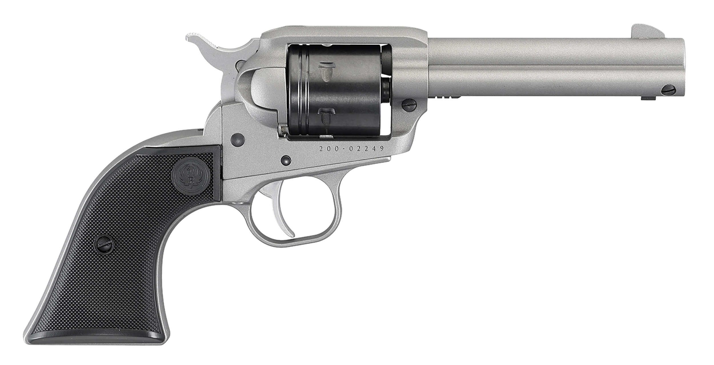 Ruger 2003 Wrangler 22 LR 6 Shot 4.62" Silver Cerakote, Silver Cerkoate Aluminum Frame & Cylinder Black Checkered Polymer Grips