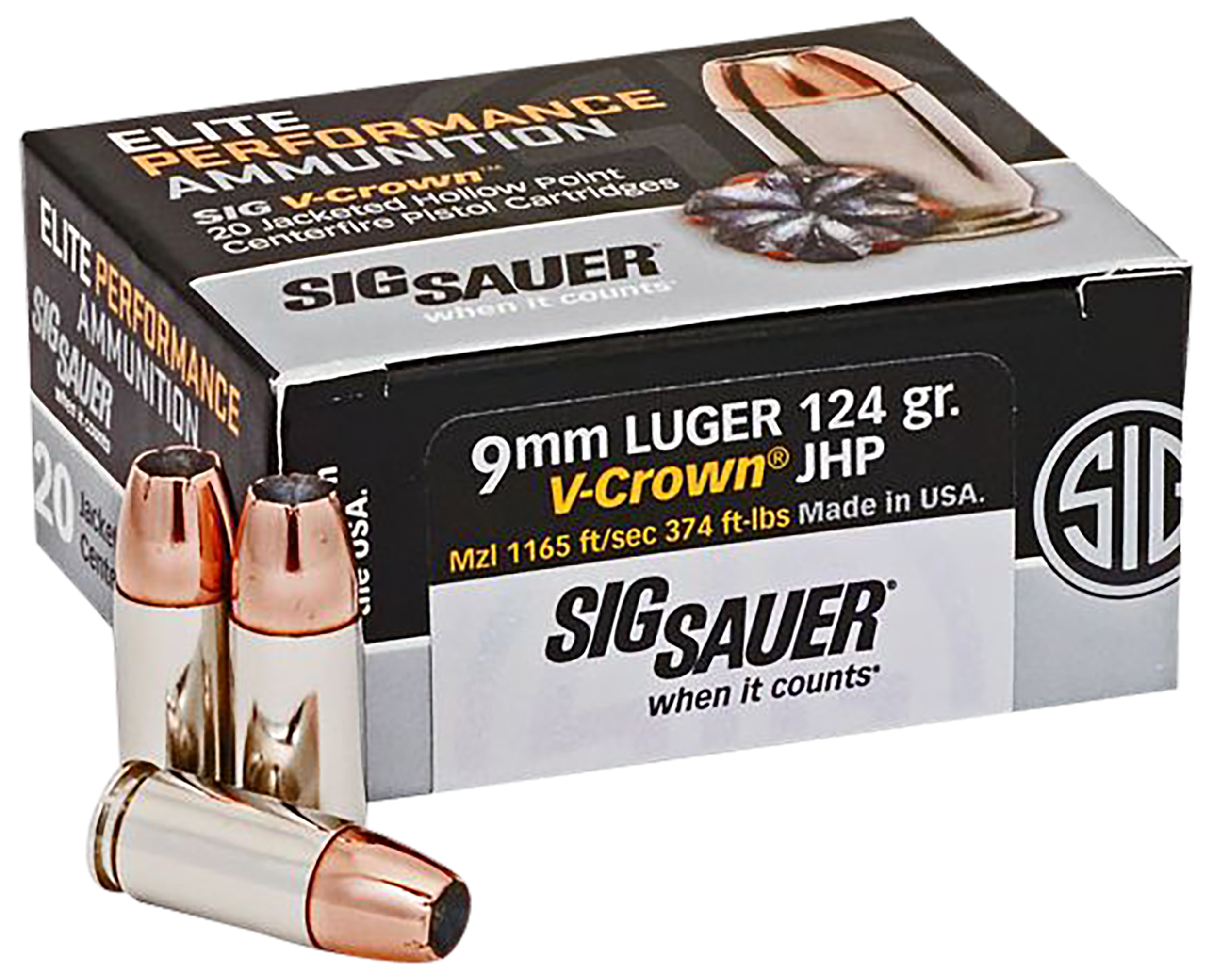 Sig Sauer E9MMA220 Elite Performance  9mmLuger 124gr V-Crown Jacketed Hollow Point 20 Per Box/10 Case