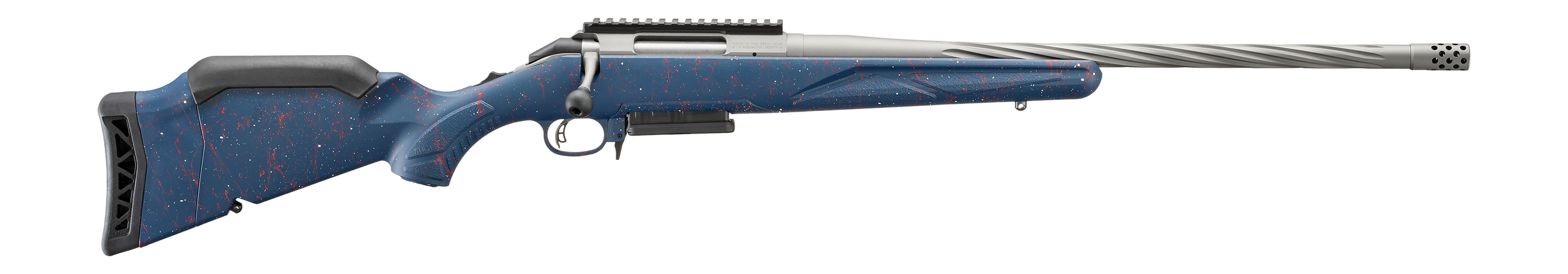 Ruger 56931 American II 250th Anniversary 308 Win 3+1 20" Gun Metal Gray Cerakote Spiral Fluted Threaded Barrel, Alloy Steel Receiver w/Picatinny Rail, Liberty Blue w/Red & White Splatter Adj Comb Syn