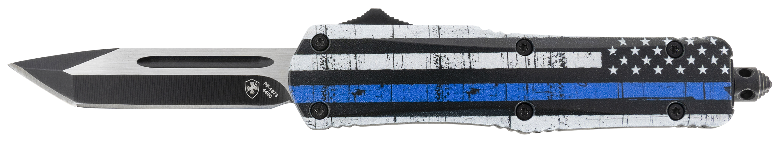 Templar Knife SBTB231 Gen II Back The Blue Small 2.69" OTF Tanto Plain Black Oxide Stonewashed 440C SS Blade, 4.31" Black & White w/Blue Line Aluminum Handle, Glass Breaker