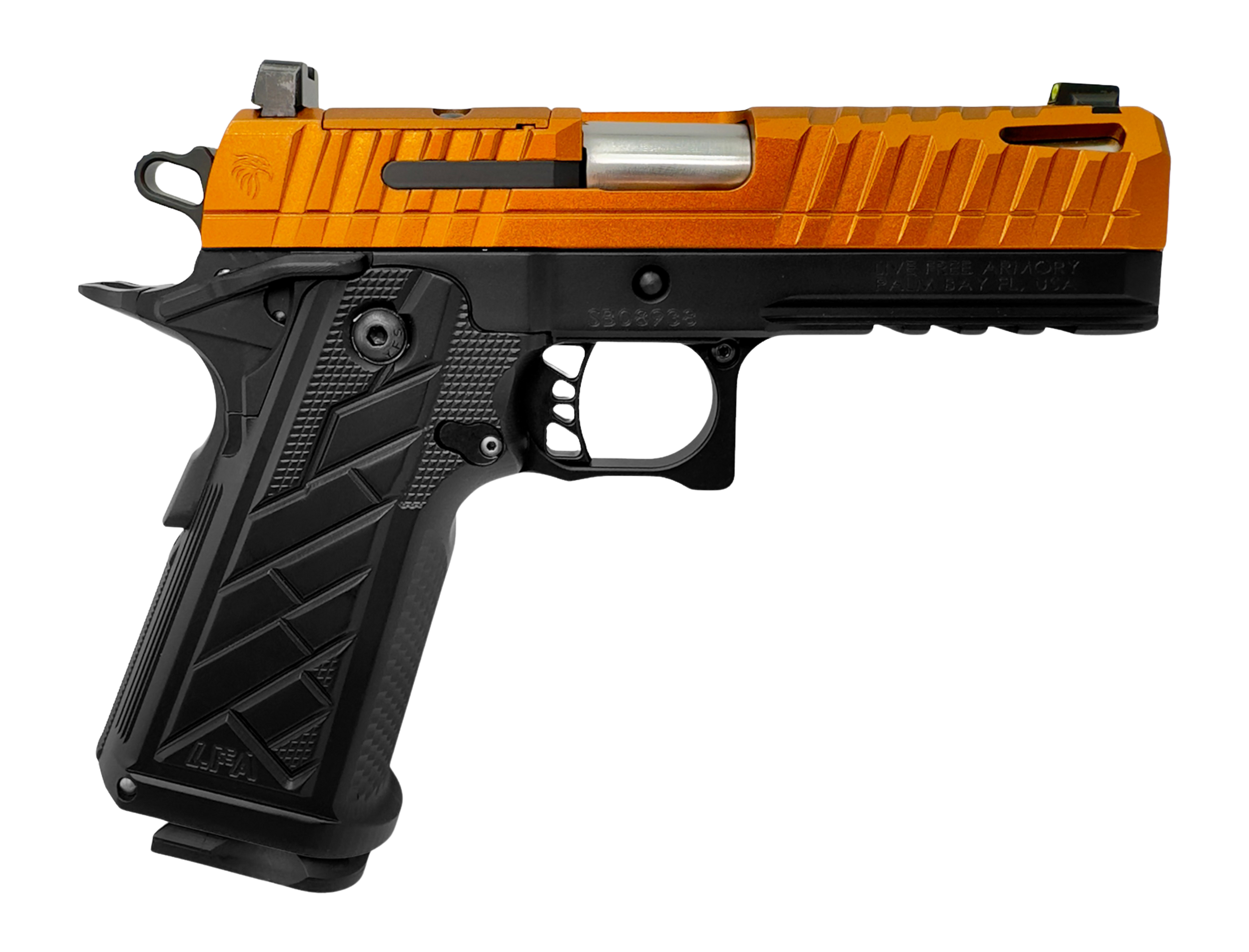 Live Free Armory HG8643-N Apollo 11 V2 Compact 9mm Luger 18+1 4.15" Stainless Barrel, Copper FX Cerakote Steel Optic Ready/Serrated Slide, Black Cerakote Steel Frame w/Beavertail & Picatinny Rail, Bla