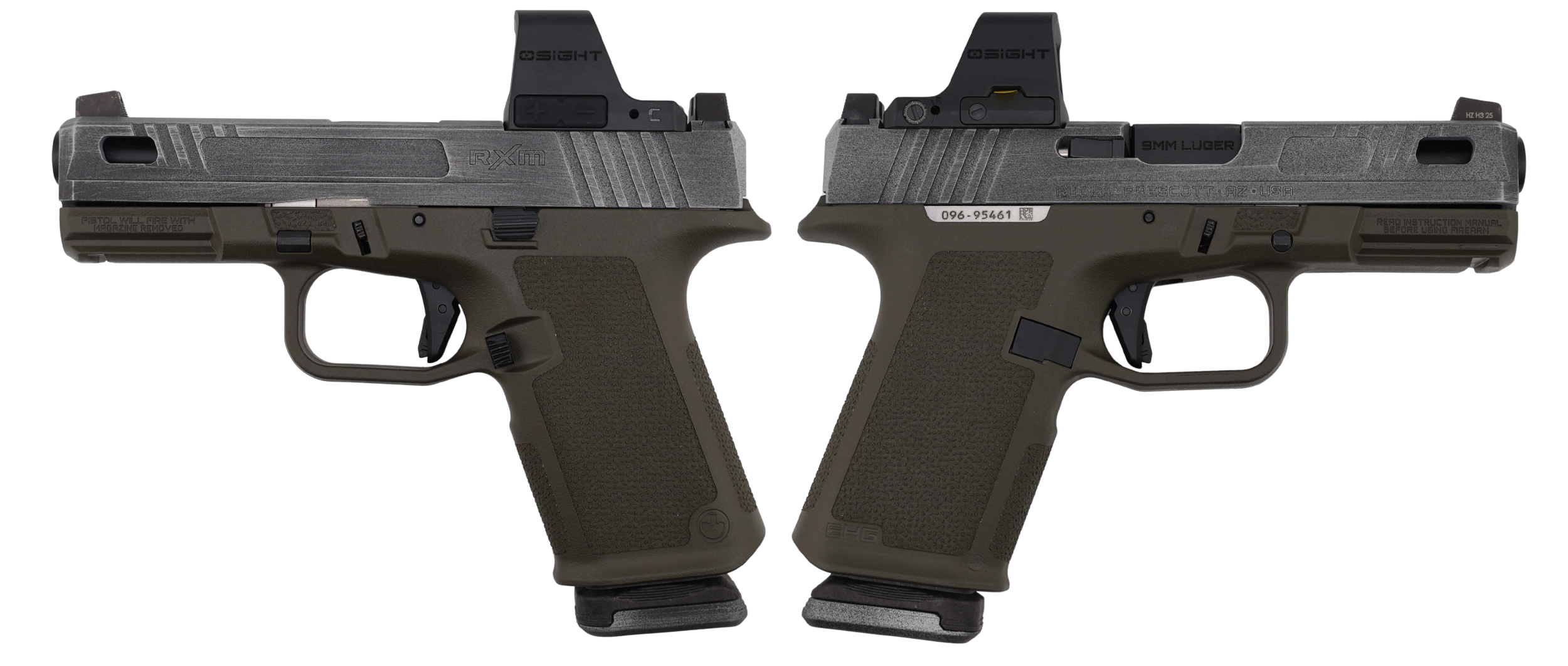 RUGER RXM 9MM PISTOL 4" PORTED BBL ODG/CRUSHED SILVER MAGPUL EHG, O.R. 2-15RD MAGS