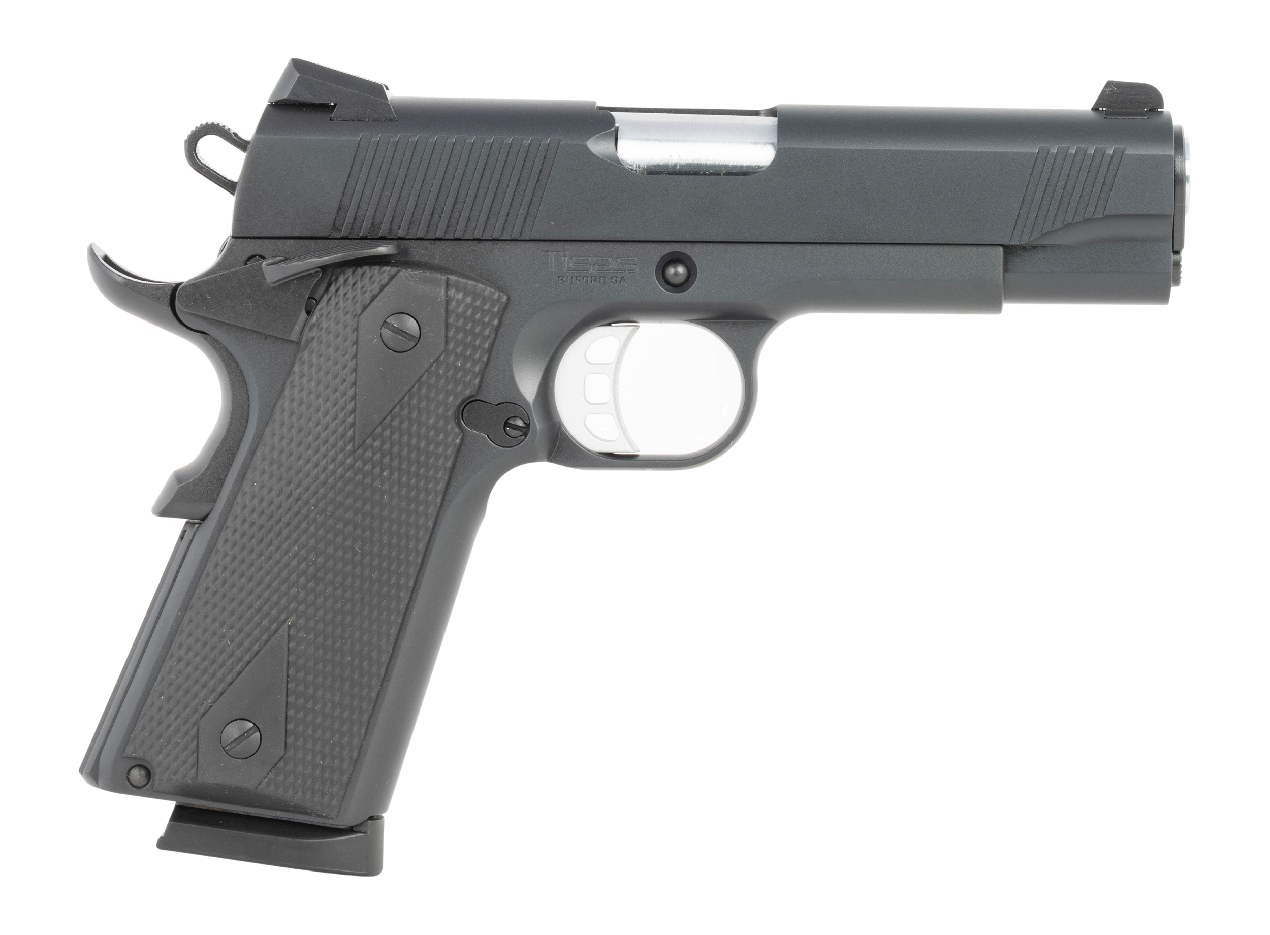 Tisas Arms 10100119 1911  Carry 45 ACP 8+1 4.25" Black Cerakote Carbon Steel Serrated Slide & Frame w/Beavertail, Black Rubber Grip
