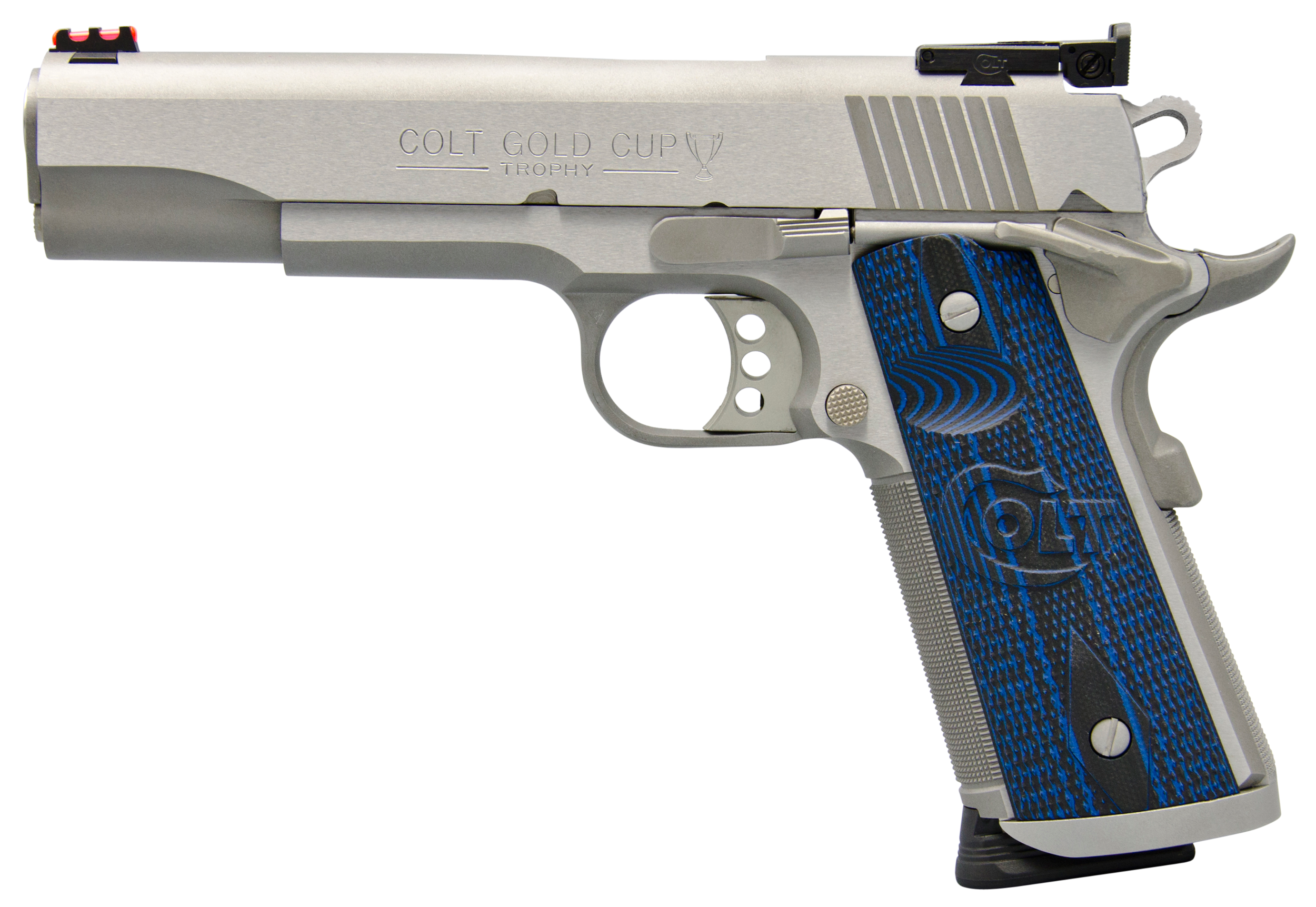Colt Mfg O5070XE Gold Cup Trophy 45 ACP 8+1 5" Steel Barrel,  Stainless Steel Serrated Slide & Frame w/Beavertail, Competition Blue G10 Grips, Right Hand