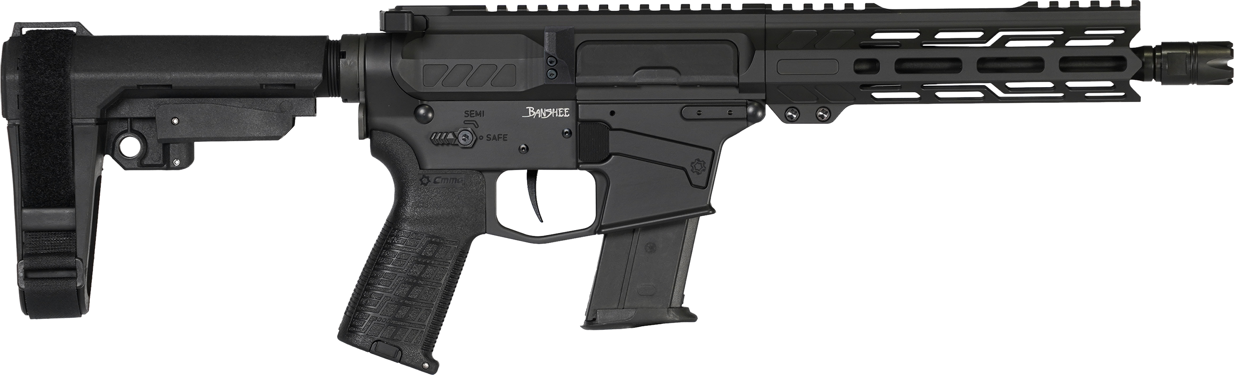 CMMG 57A340FAB Banshee MK57 5.7x28mm 20+1 8" Black Nitride Medium Taper Threaded Barrel, EML 7" M-LOK Handguards, Black Armor Cerakote Aluminum Picatinny Rail Receiver, CMMG Zeroed Grips