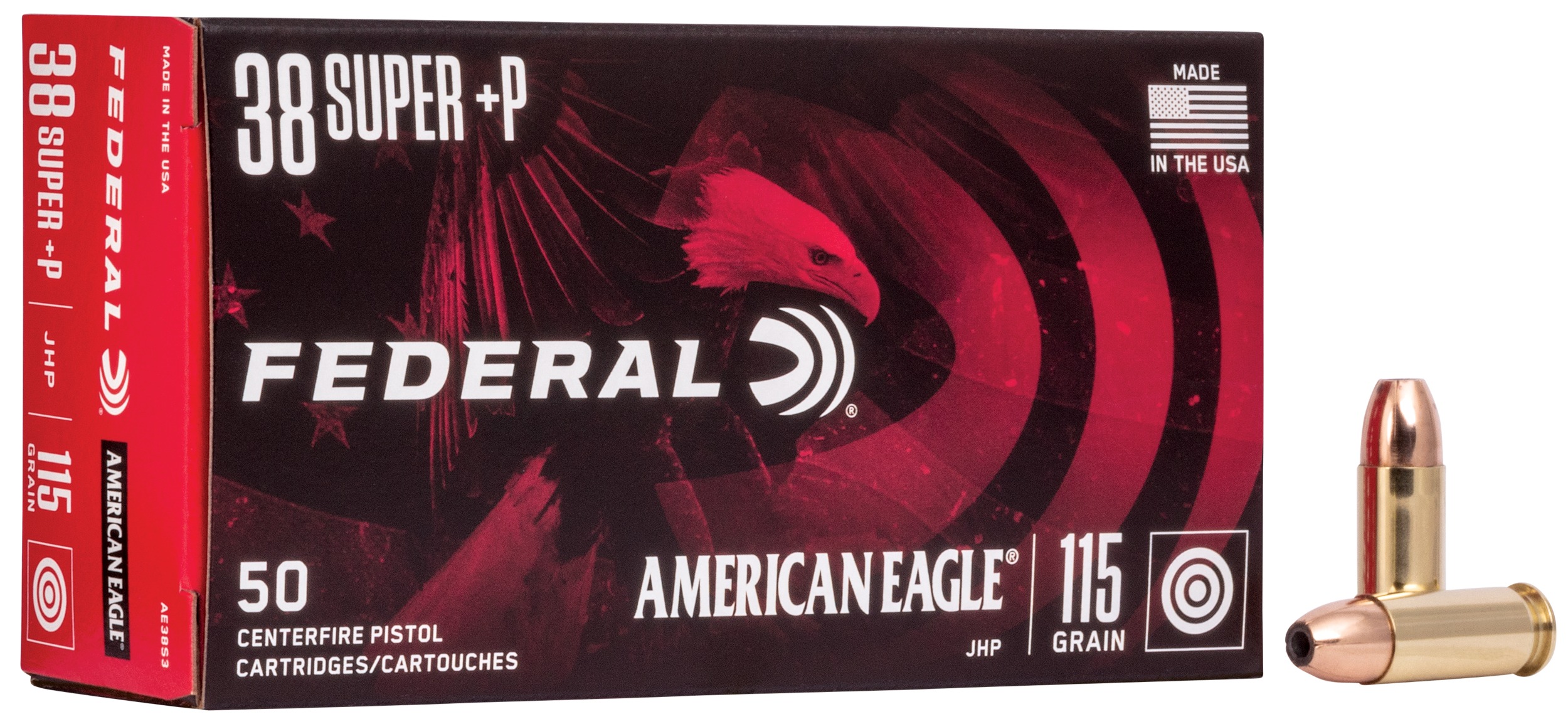 Federal AE38S3 American Eagle Handgun 38Super+P 115gr Jacketed Hollow Point 50 Per Box/20 Case