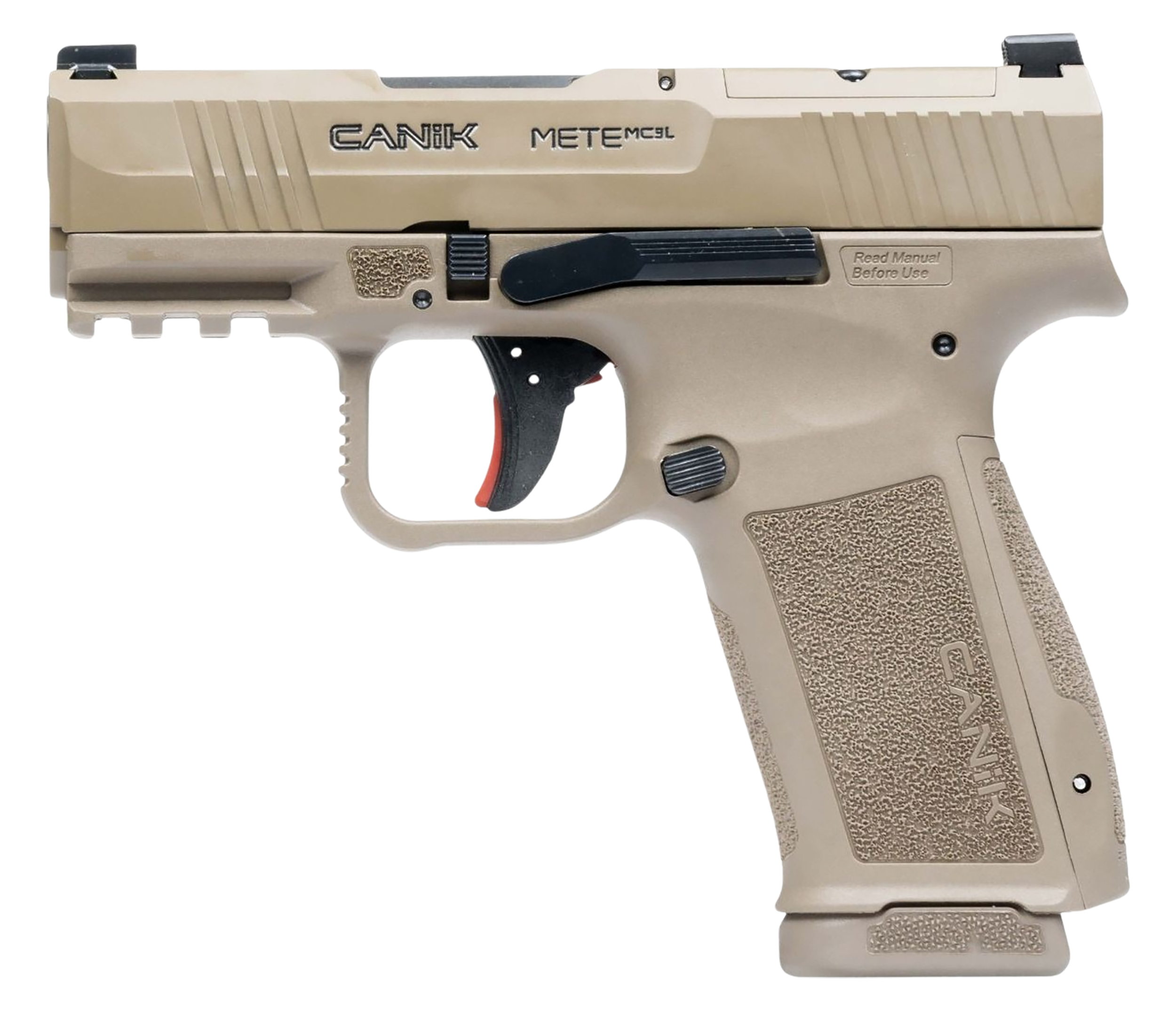 Canik HG7884CAD-N Mete MC9L *CA Compliant 9mm Luger 10+1 3.18" Black Steel Barrel, Desert Cerakote Steel Serrated Slide, Flat Dark Earth Polymer Frame w/Picatinny Rail, Interchangeable Backstrap Grip
