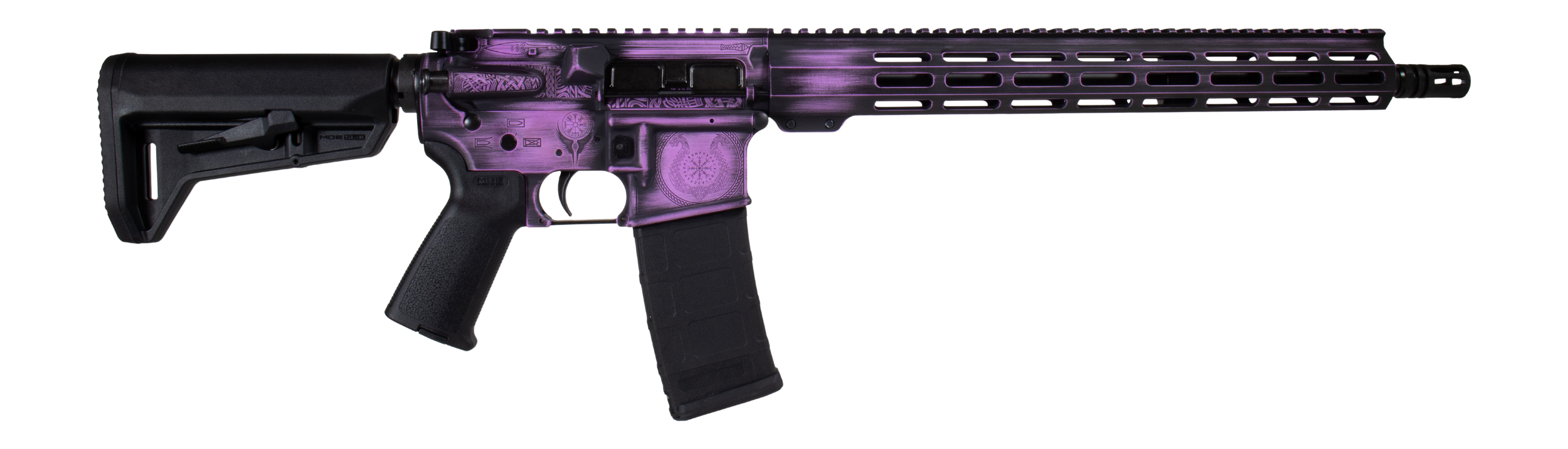 Shark Coast Tactical 300-133-1000-25 Valkyrie 5.56 NATO 30+1 16" Black Melonite Threaded Barrel, Distressed Purple Cerakote w/Norse Engraving Aluminum Receiver w/Picatinny Rail, M-LOK Handguard, Magpu