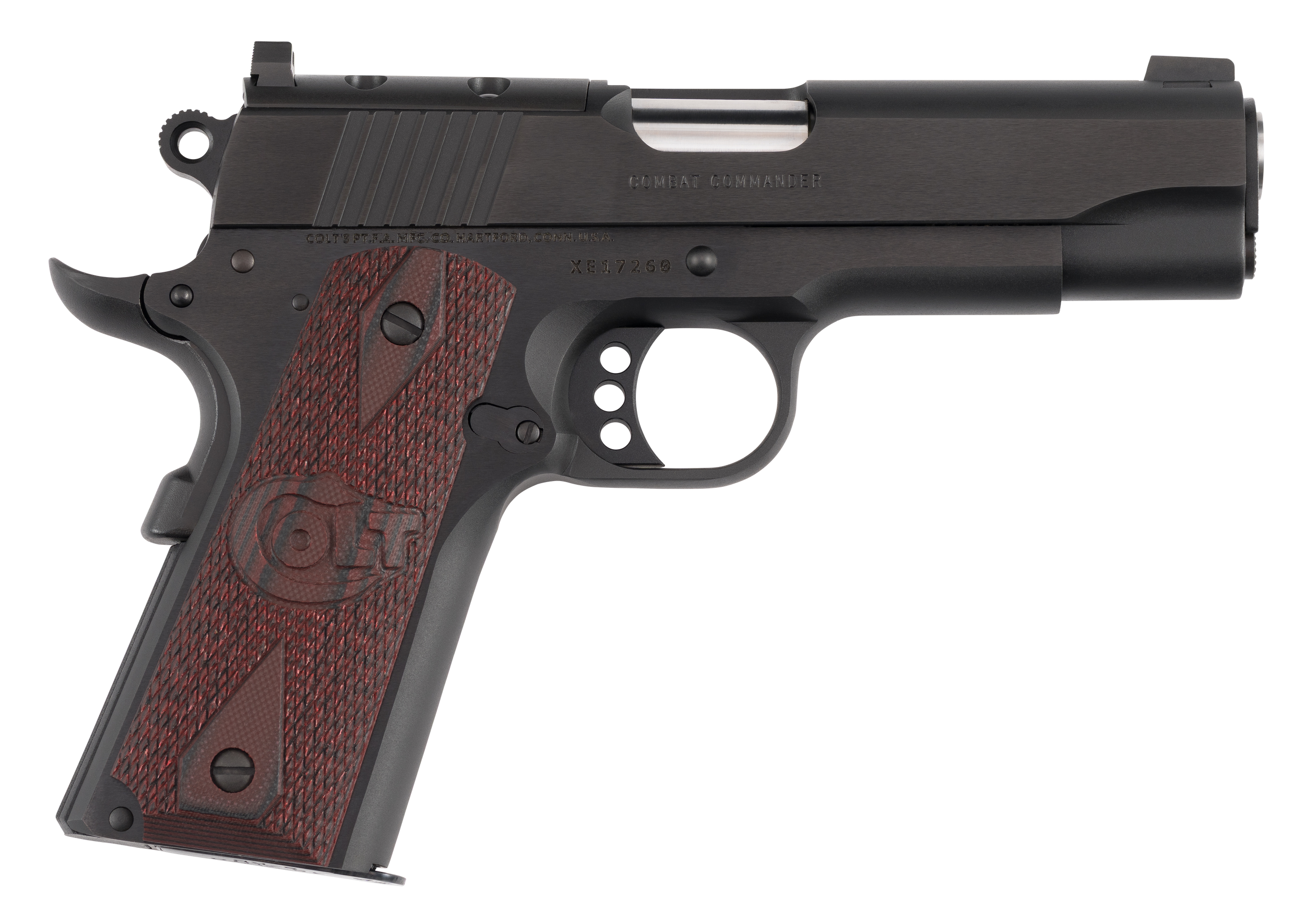 Colt Mfg O4940XE-OR Commander Combat 45 ACP 8+1 4.25" Stainless Barrel, Matte Black Carbon Steel Optic Ready/Serrated Slide, Matte Black Anodized Steel Frame w/Beavertail, Black Cherry G10 Grip, Ambid