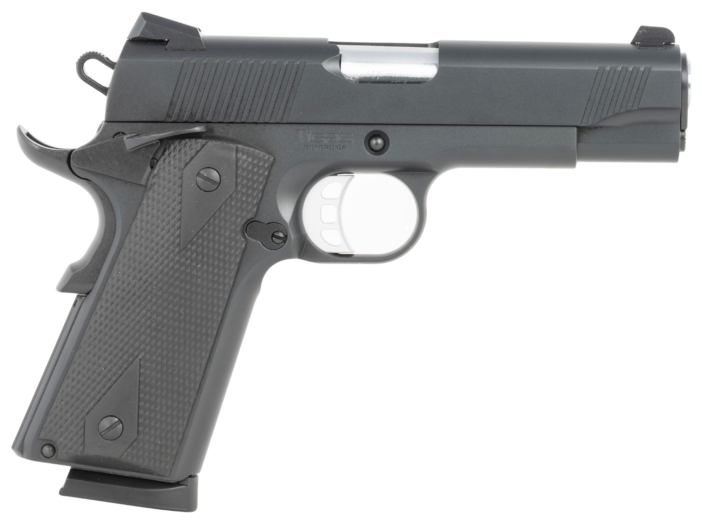 Tisas Arms 10100121 1911  Carry 9mm Luger 9+1 4.25" Black Cerakote Carbon Steel Serrated Slide & Frame w/Beavertail, Black Rubber Grip