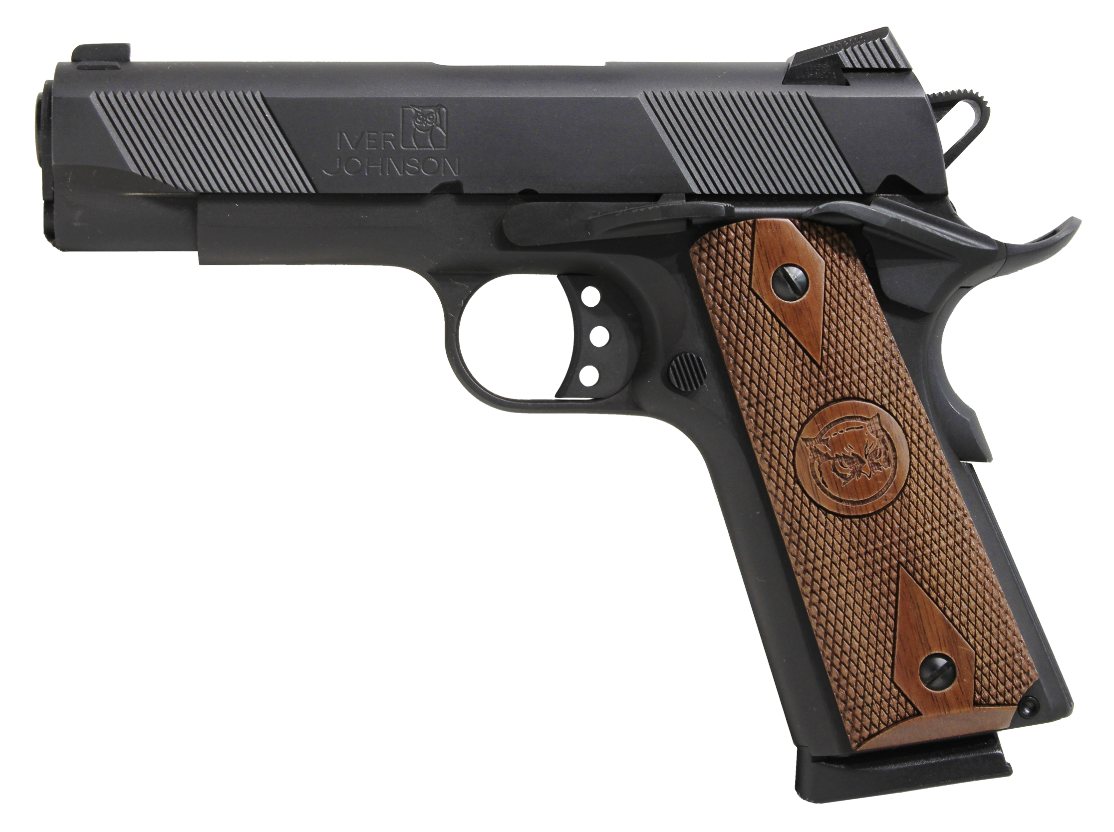 Iver Johnson Arms HAWK Hawk Commander 45 ACP 8+1 4.25" Black Steel Barrel, Matte Black Serrated Steel Slide & Frame w/Beavertail. Checkered Double Diamond Walnut Grip