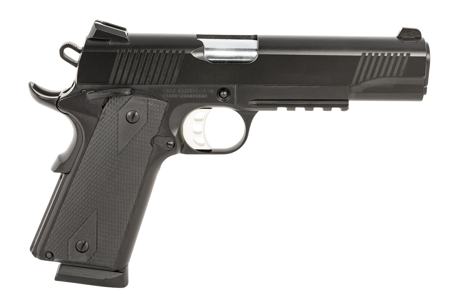 Tisas Arms 10100529 1911 Duty 45 ACP 8+1 5" Stainless Steel Barrel, Black Carbon Steel Serrated Slide & Frame w/Picatinny Rail, Black Rubber Grip
