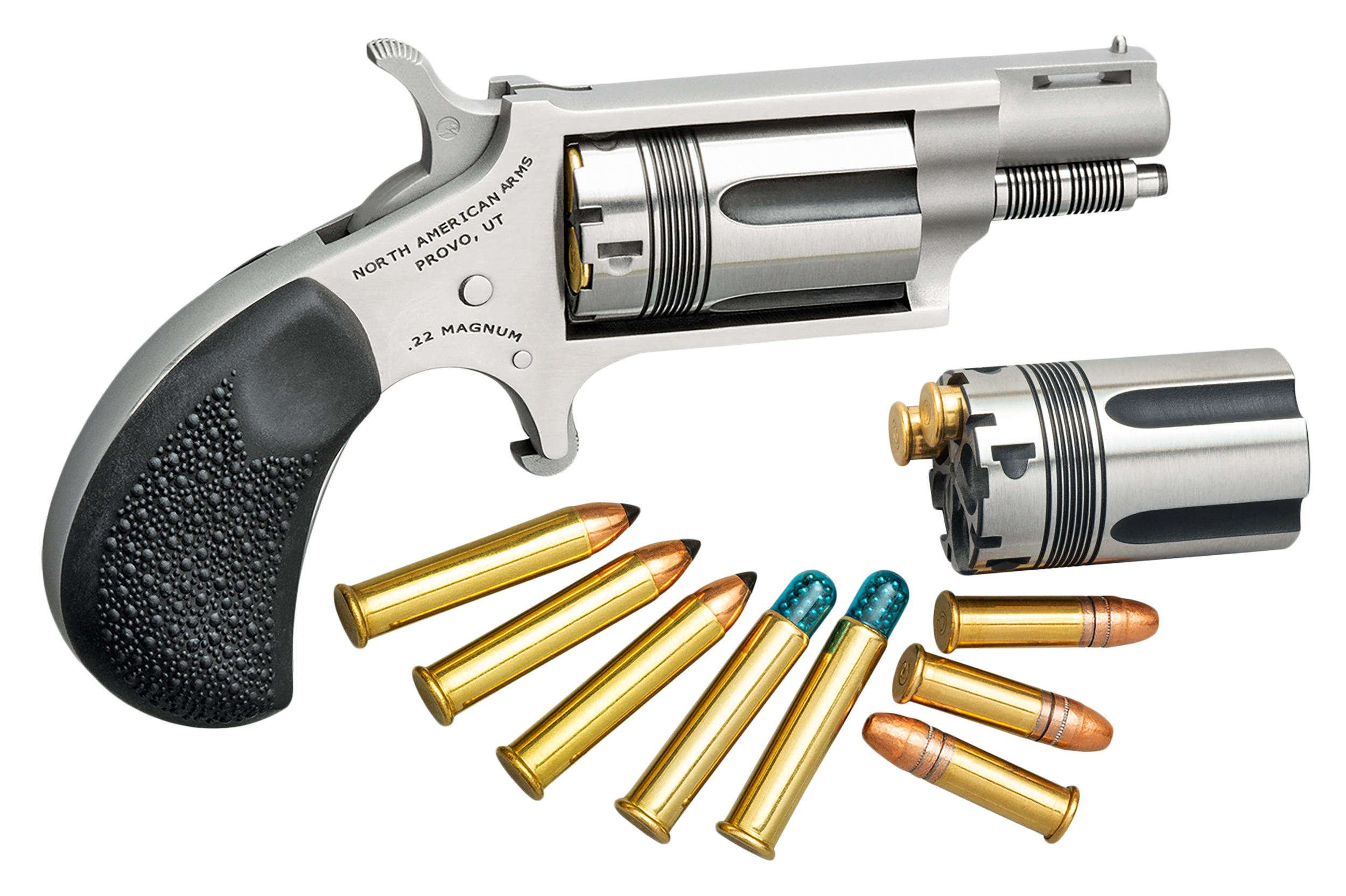 North American Arms 22MSCTW Wasp  22 LR 22 WMR 5 Shot 1.13" Stainless Steel Vent Rib Barrel, Stainless Frame & Cylinder, Black Pebbled Rubber Grip, Exposed Hammer