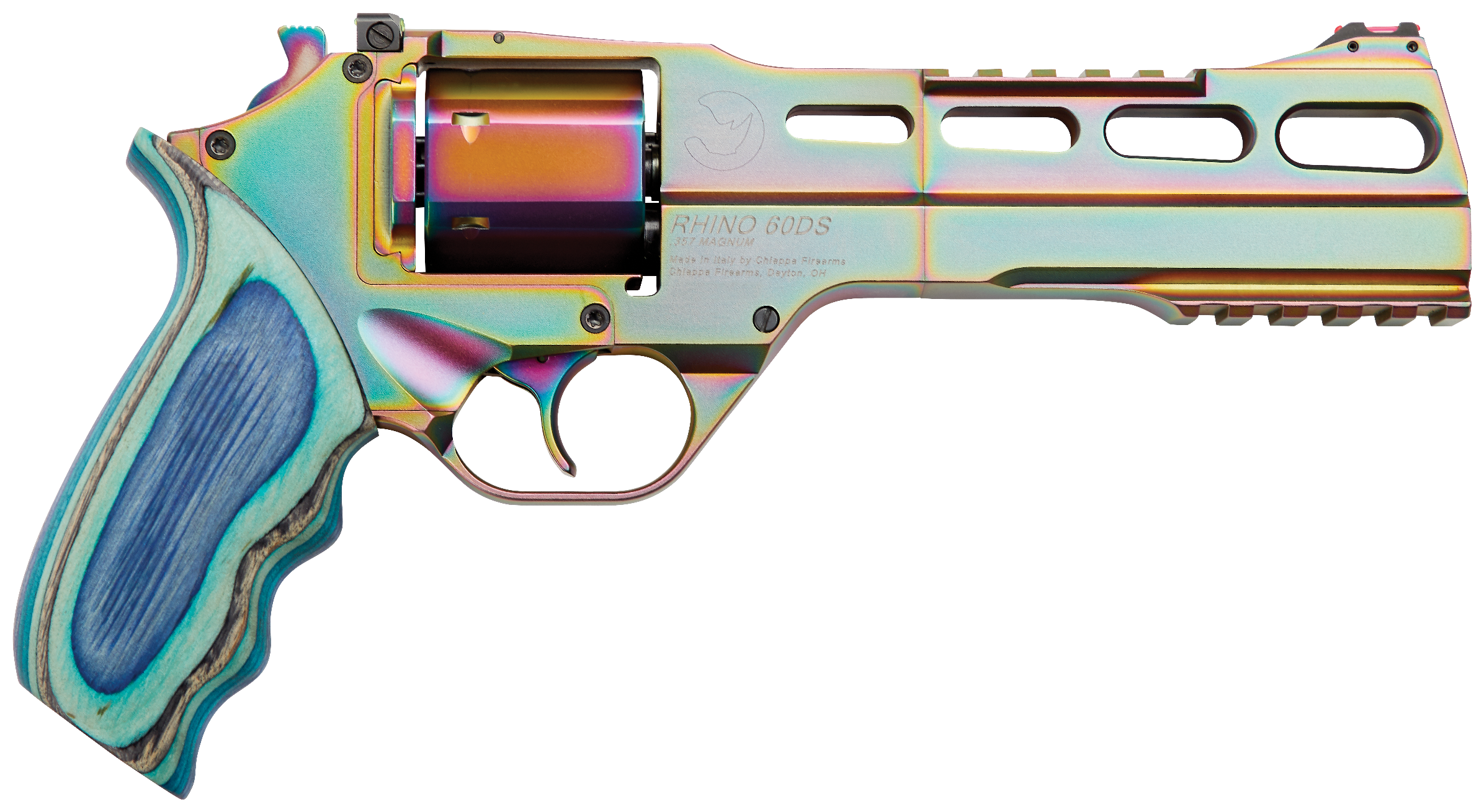 Chiappa Firearms CF340301 Rhino 60SAR Nebula *CA Compliant 357 Mag Caliber with 6" Picatinny Rail/Vent Rib, 6rd Capacity Cylinder, Rainbow PVD Metal Finish & Blue Laminate Grip