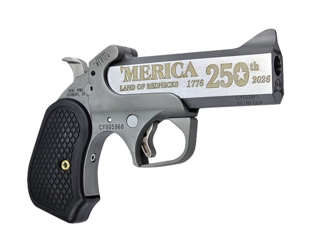 Bond Arms BACY-250TH-45-70 America 250th Anniversary 45-70 Gov 1 Shot 4.25" Rough Matte Engraved Rough Stainless Steel Frame Black B6 Resin Grips Right Hand