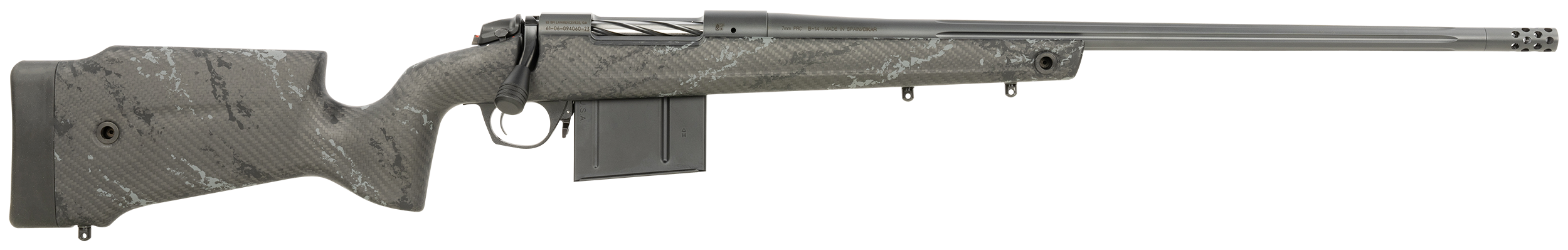 Bergara Rifles B14LM7513 B-14 Crest 7mm PRC 5+1 22" Fluted/Threaded, Sniper Gray Cerakote Barrel/Rec, Monte Carlo Carbon Fiber Stock with Black & Gray Splatter, Omni Muzzle Brake