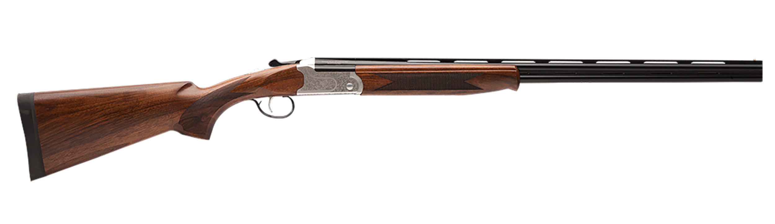 Stevens 22595 555 E Full Size 410 Gauge Break Open 3" 2rd 26" Black Satin Over/Under Vent Rib Barrel, Engraved Satin Silver Aluminum Receiver, Fixed Satin Turkish Walnut Stock, Ambidextrous