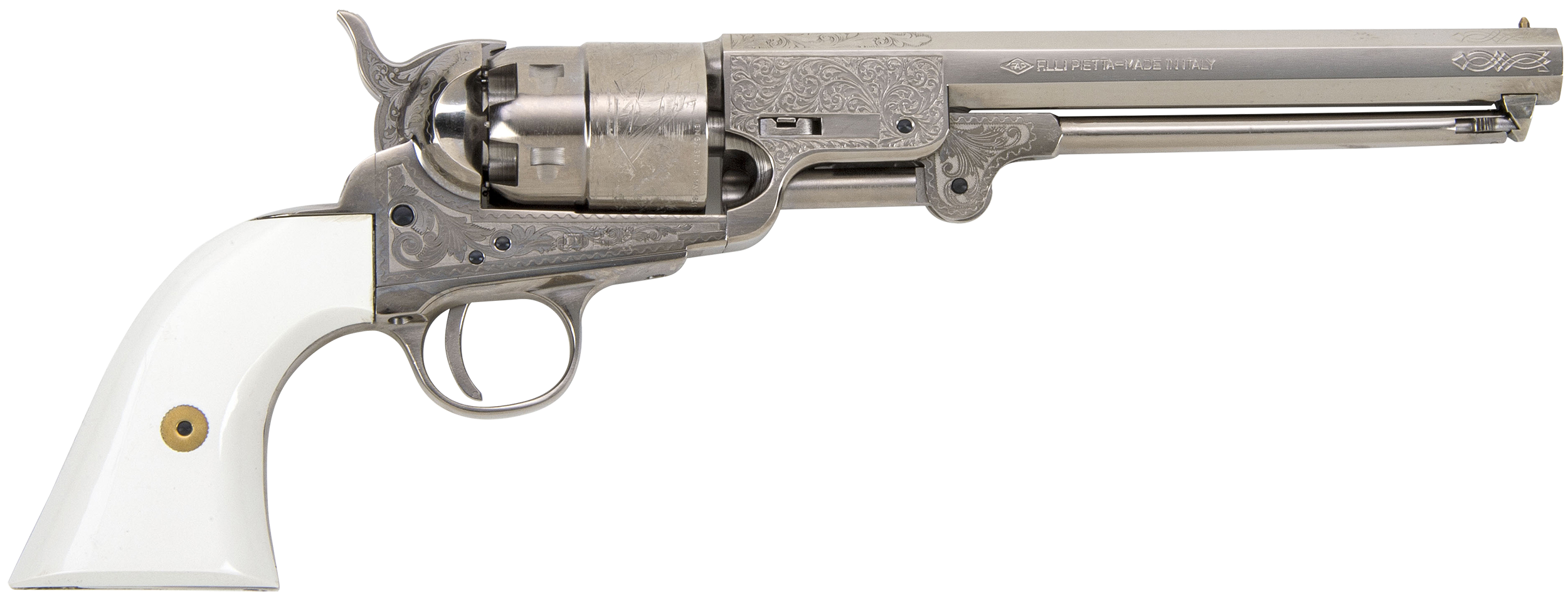 Traditions FR185117 1851 Navy Break Open 44 Cal #11 Percussion 7.50" 6 Shot Nickle Engraved Simulated Ivory Grip