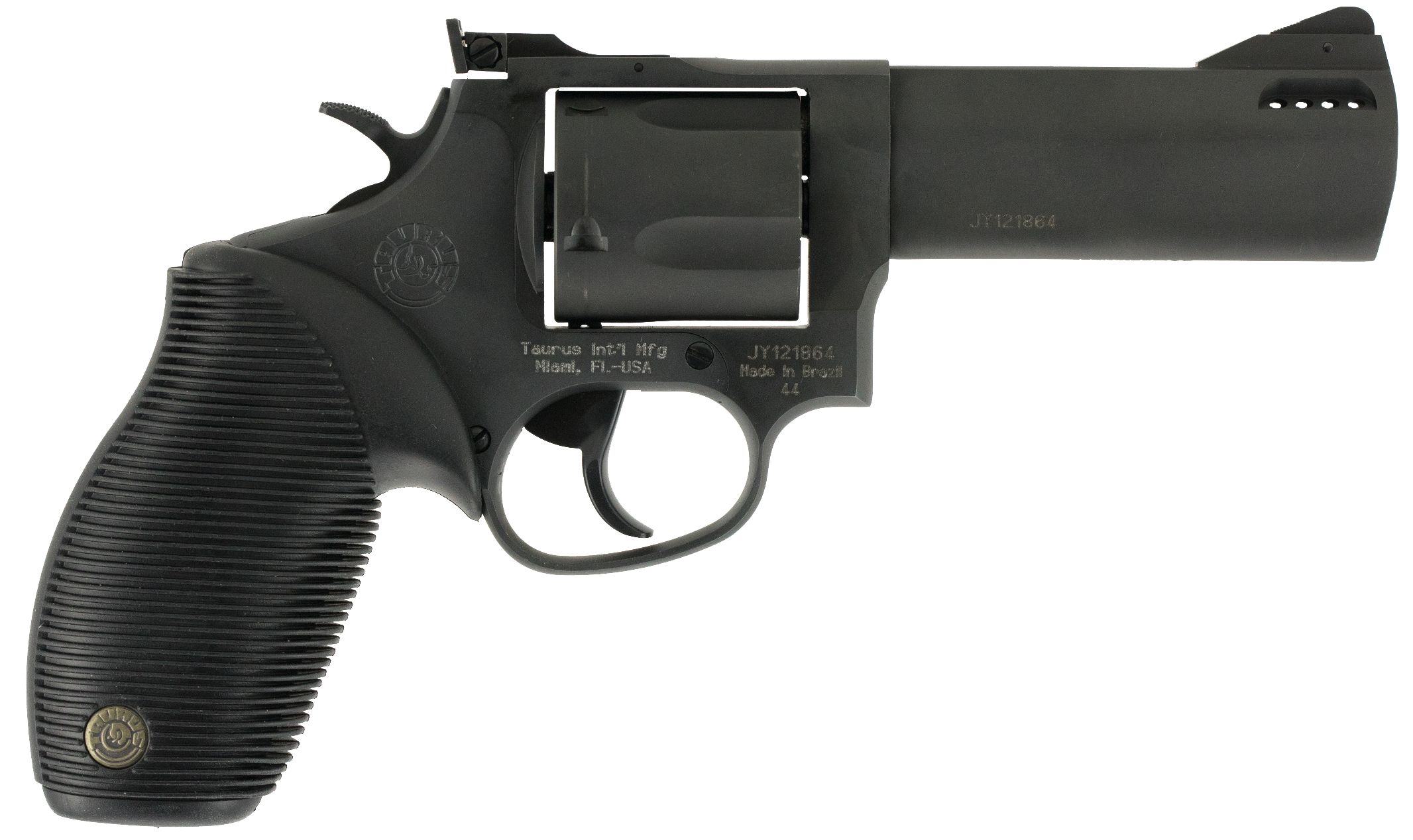 Taurus 2-440041TKR Tracker 44 Medium 44 Rem Mag 5 Shot 4" Matte Black Oxide Ported Barrel, Cylinder & Frame, Black Ribber Grip, Transfer Bar Safety, Exposed Hammer