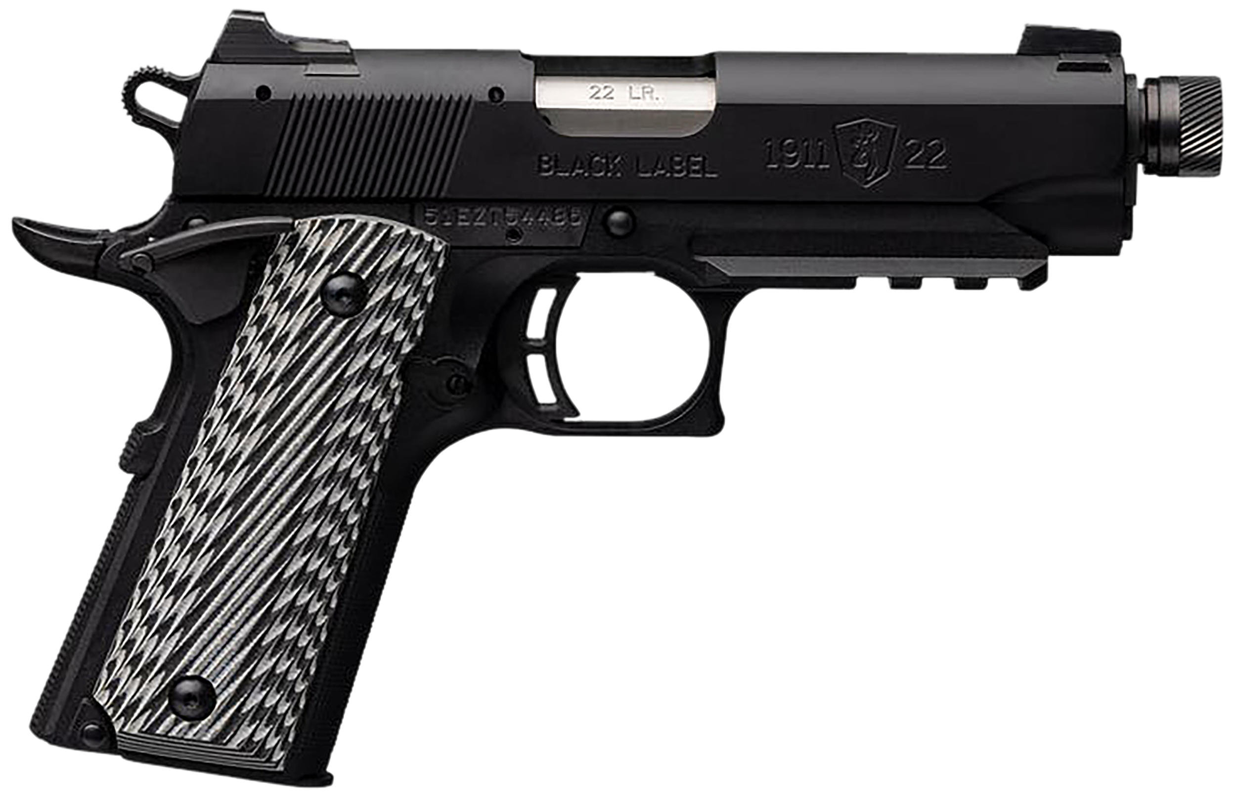 Browning 051821490 1911-22 Black Label Compact SR 22 LR 10+1 4.25" 3.50" Threaded Barrel, Matte Black Serrated Steel Slide & Polymer Frame w/Picatinny Rail & Beavertail, Black/Gray Textured G10 Grips