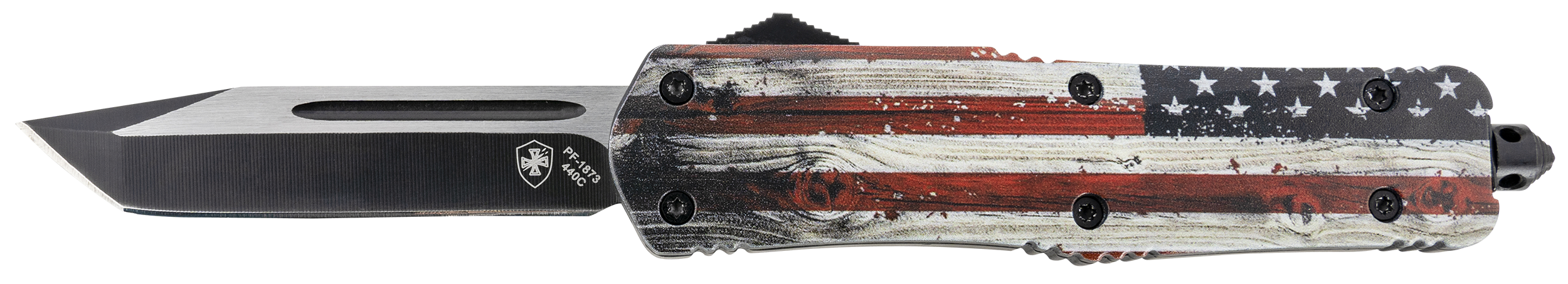 Templar Knife LWUS231 Gen II Wood US Flag Large 3.50" OTF Tanto Plain Black Oxide Stonewashed 440C SS Blade, 5.25" Painted Wood Grain US Flag Aluminum Handle, Glass Breaker