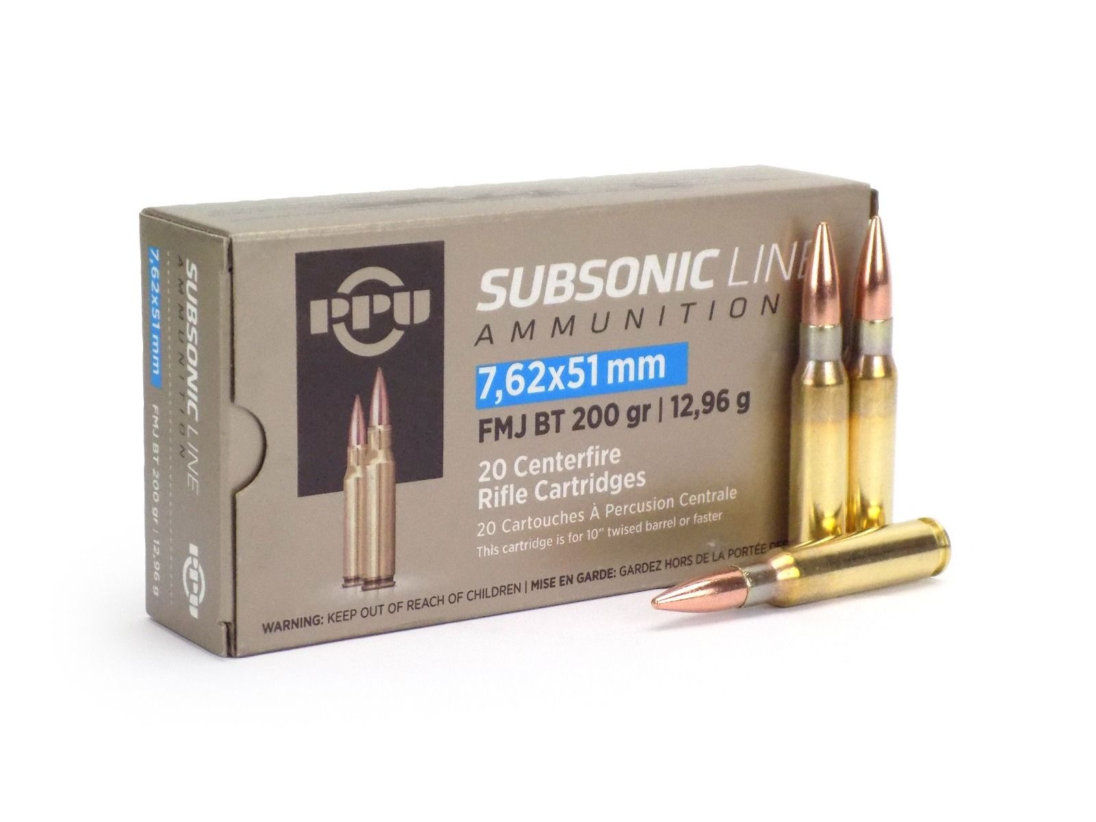 PPU 7.62X51 SUBSONIC FMJ BT 200GR 20RD BOX 10 BOXES PER CASE