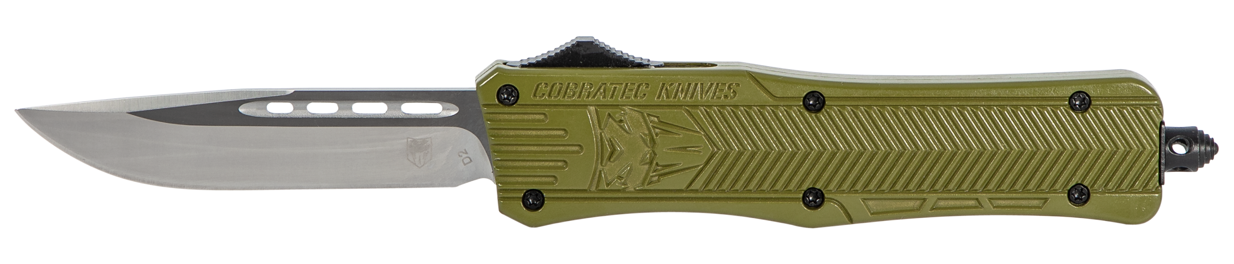 CobraTec Knives MODCTK1MDNS CTK-1  Medium 3" OTF Drop Point Plain D2 Steel Blade/OD Green Aluminum Handle Features Glass Breaker Includes Pocket Clip