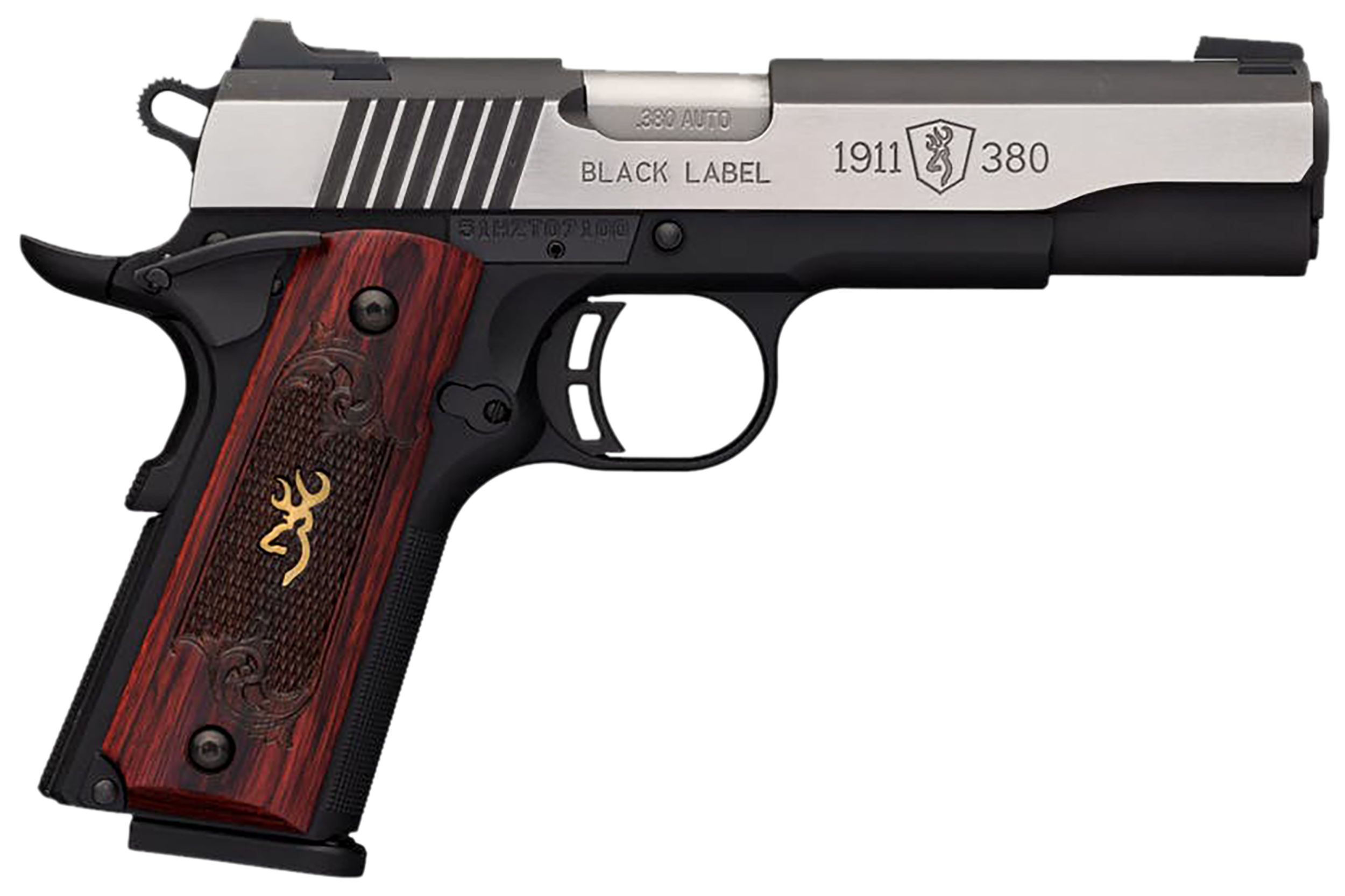 Browning 051914492 1911 Black Label Medallion Pro 380 ACP 8+1 4.25" Target Crown Barrel, Blackened w/Silver Polished Flats Serrated SS Slide, Matte Black Polymer Frame w/Beavertail