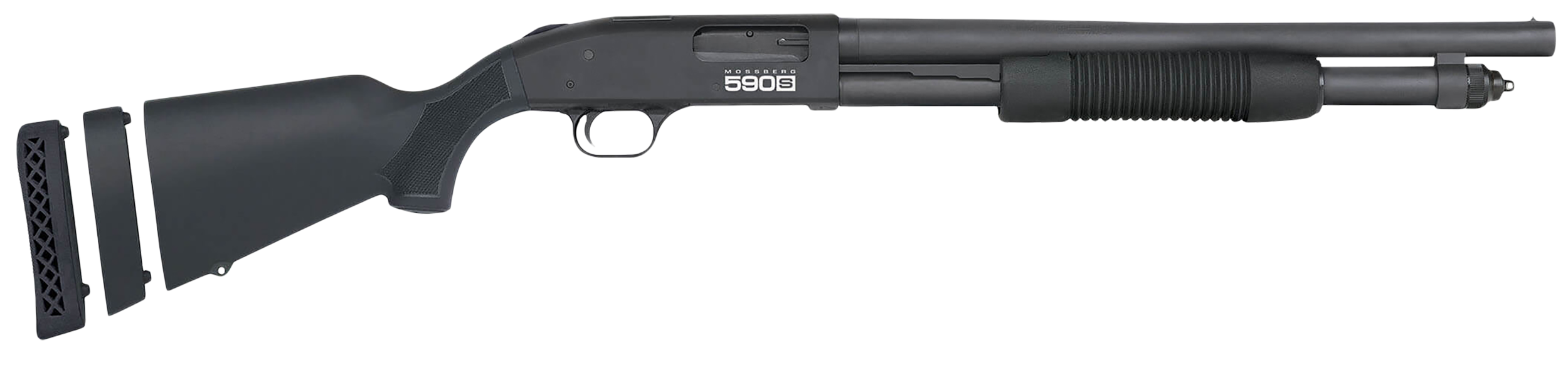 Mossberg 51607 590S Compact 12 Gauge Pump 3" 5+1 18.50" Matte Blued Stainless Steel Barrel, Black Drilled & Tapped Receiver, Adj LOP Black Synthetic Stock
