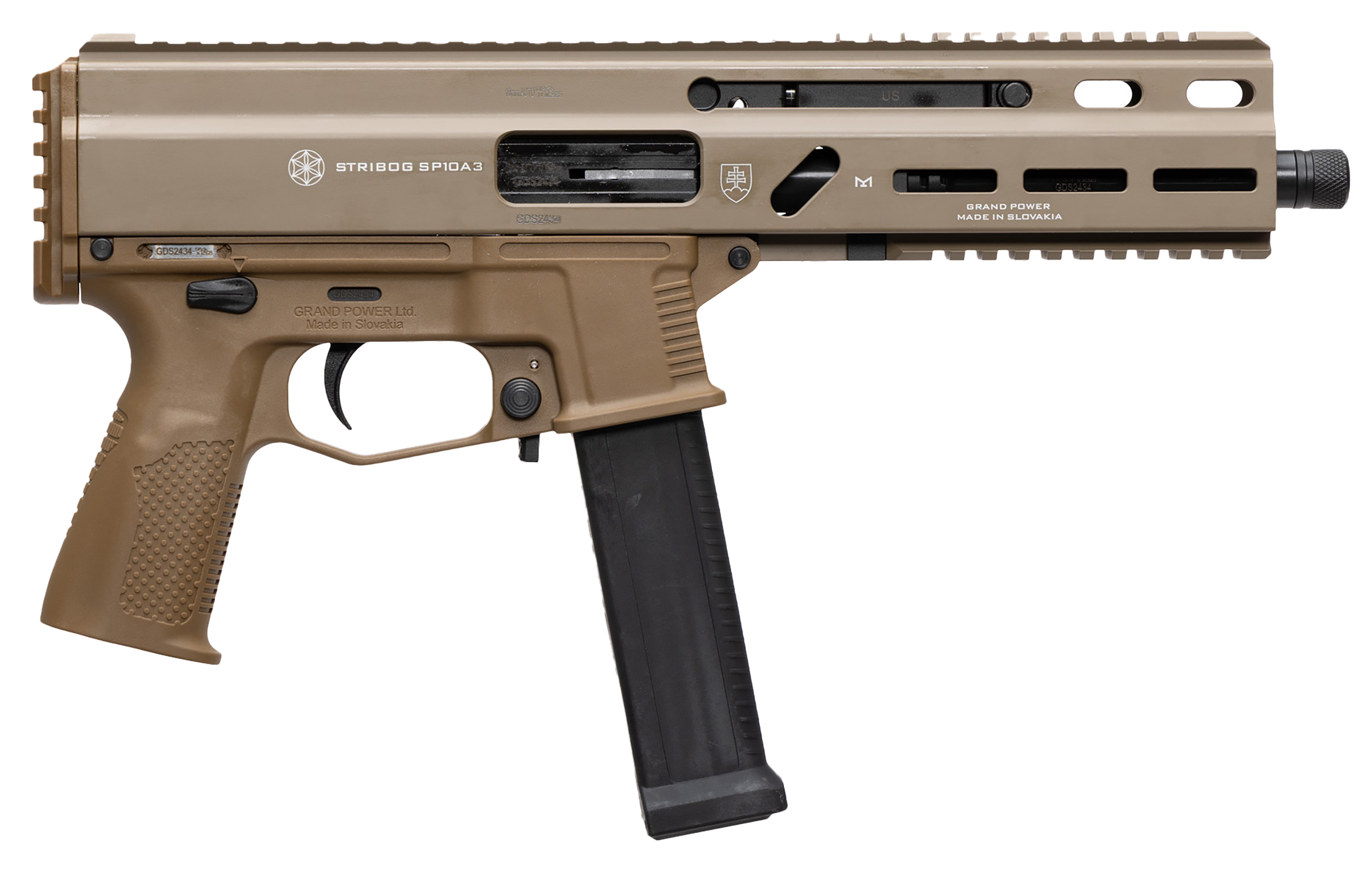 Grand Power 197892004800 SP10A3 Stribog 10mm Auto 20+1 8" Black Threaded Barrel, Flat Dark Earth Aluminum Picatinny Rail Receiver, FDE Polymer Grip, Thread Protector