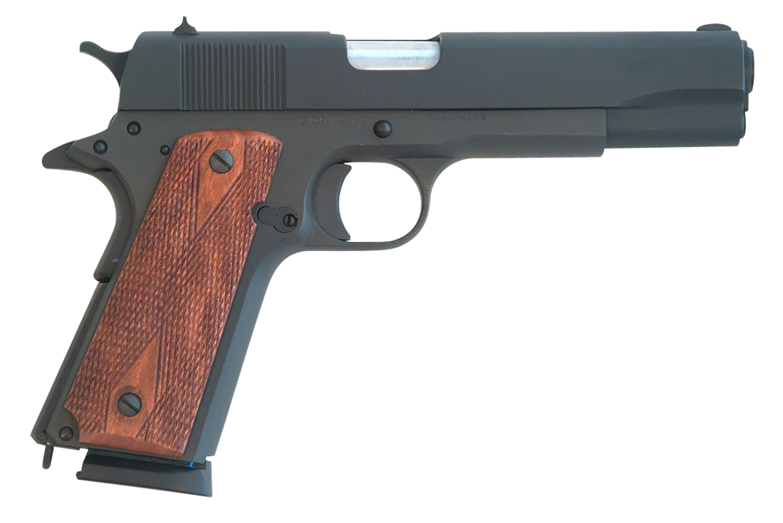 Cimarron 1911 1911  .45 ACP 8+1, 5.03" Black Steel Barrel, Black Parkerized Serrated Slide & Frame, Checkered Walnut Grips