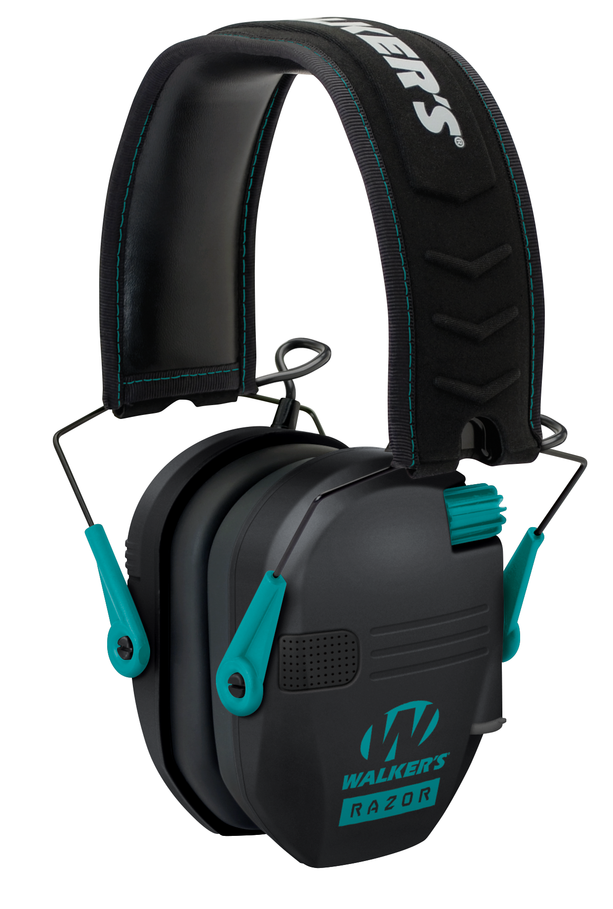 Walker's GWPRSEMTL Razor Slim Electronic Muff 23 dB Over the Head Black Polymer w/Teal Accents