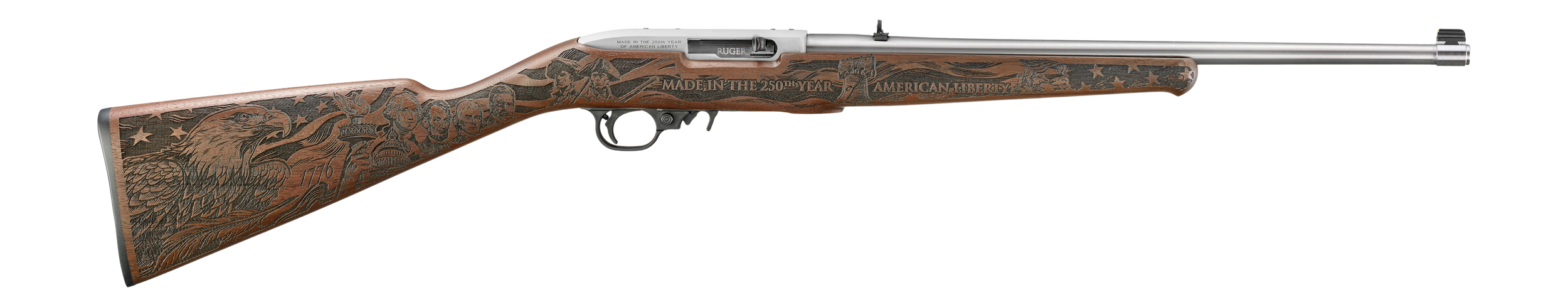 Ruger 32038 10/22 250th Anniversary 22 LR 10+1 18.50" Stainless Steel Barrel, Engraved Satin Stainless Steel Drilled & Tapped Receiver, American Walnut Fixed Engraved Altamont Stock