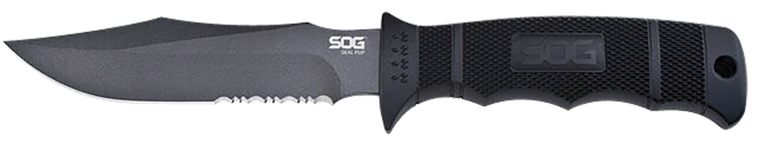 S.O.G SOGM37NCP Seal Pup  4.75" Fixed Clip Point Part Serrated Powder Coated AUS-8A SS Blade Black w/Raised Diamond Pattern GRN Handle Includes Lanyard/Sheath