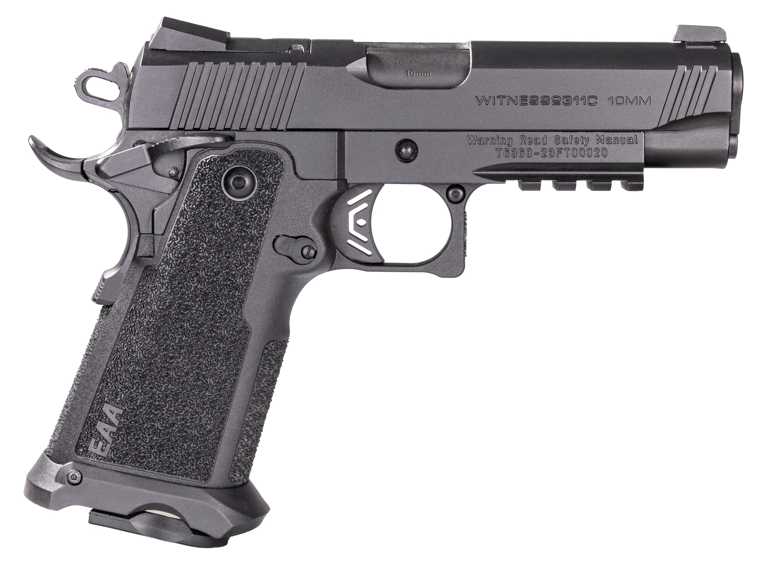 Girsan 395010 Witness2311  10mm Auto 15+1 4.25" Black Steel Barrel, Black Optic/Ready Serrated Black Polymer Frame w/Beavertail & Picatinny Rail, Black Checkered Polymer Grip, Ambidextrous