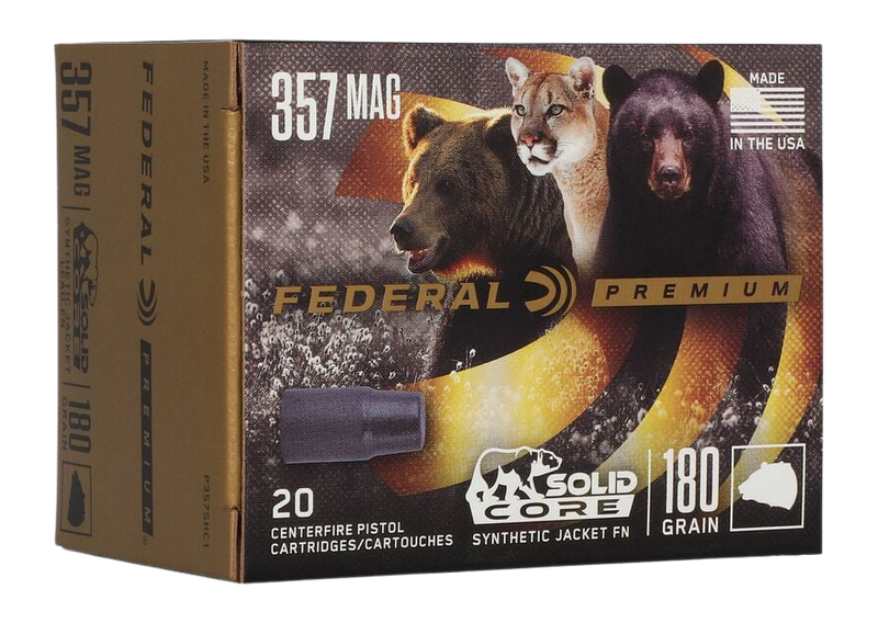 Federal P357SHC1 Premium  357Mag 180gr Solid Core Synthetic Flat Nose 20 Per Box/10 Case