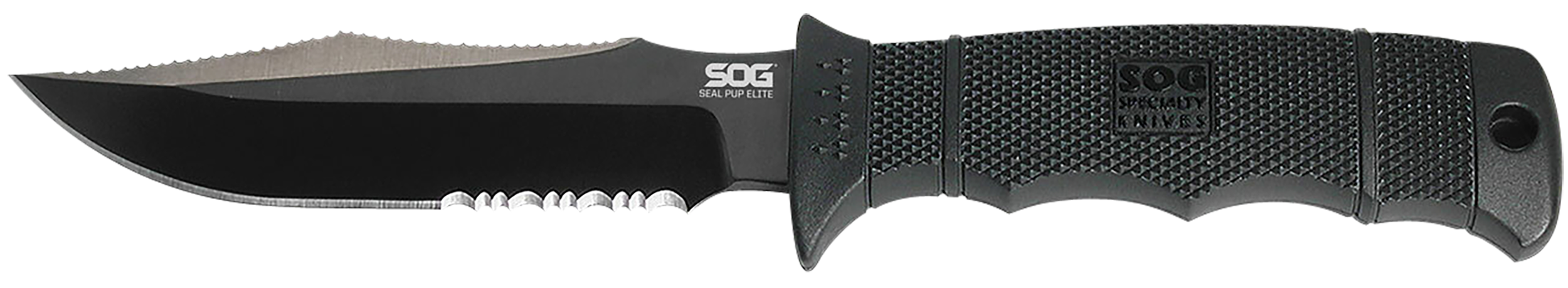 S.O.G SOGE37TK Seal Pup Elite 4.85" Fixed Clip Point Part Serrated Black Hardcased TiCN AUS-8A SS Blade/Black w/Grip Lines GRN Handle Includes Lanyard/Sheath