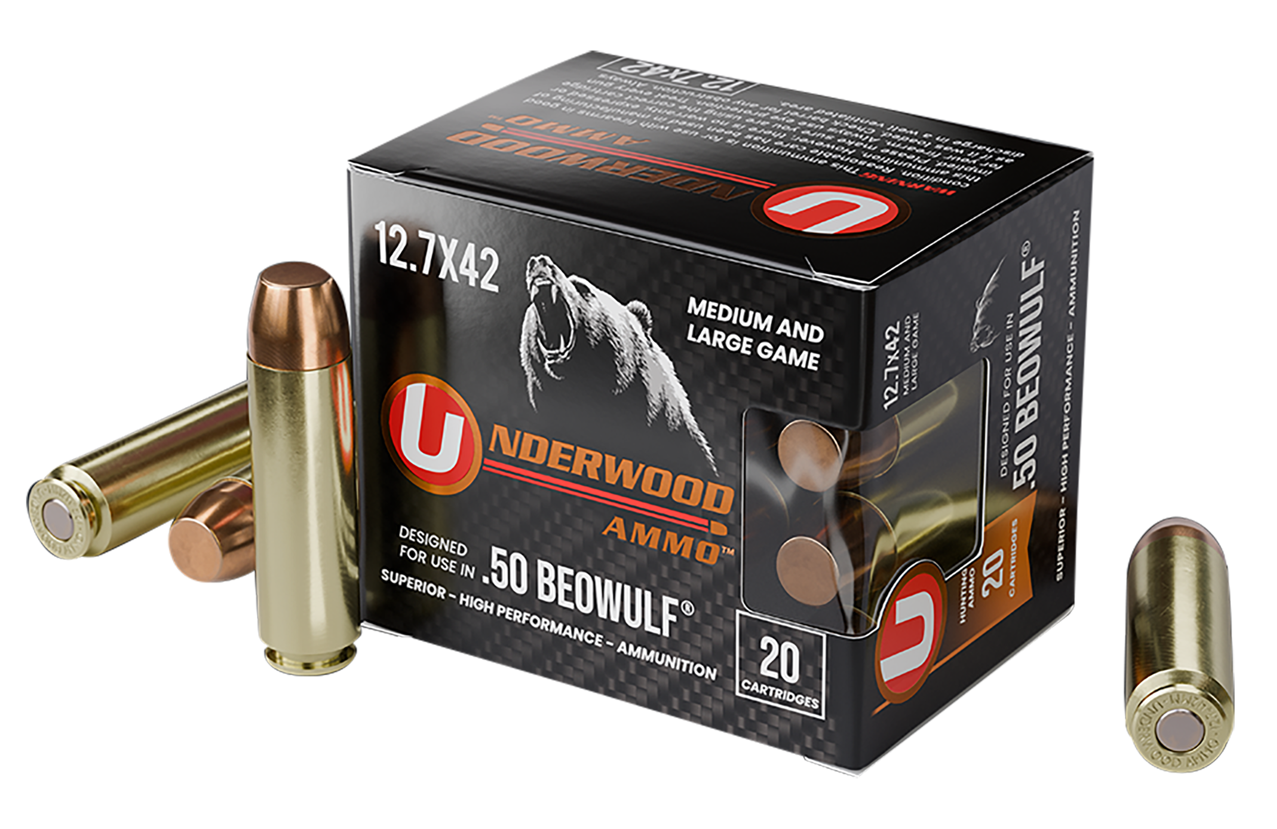 Underwood Ammo 557Underwood Ammo 557 50Beowulf 350gr Full Metal Jacket Flat Nose 20 Per Box/10 Case