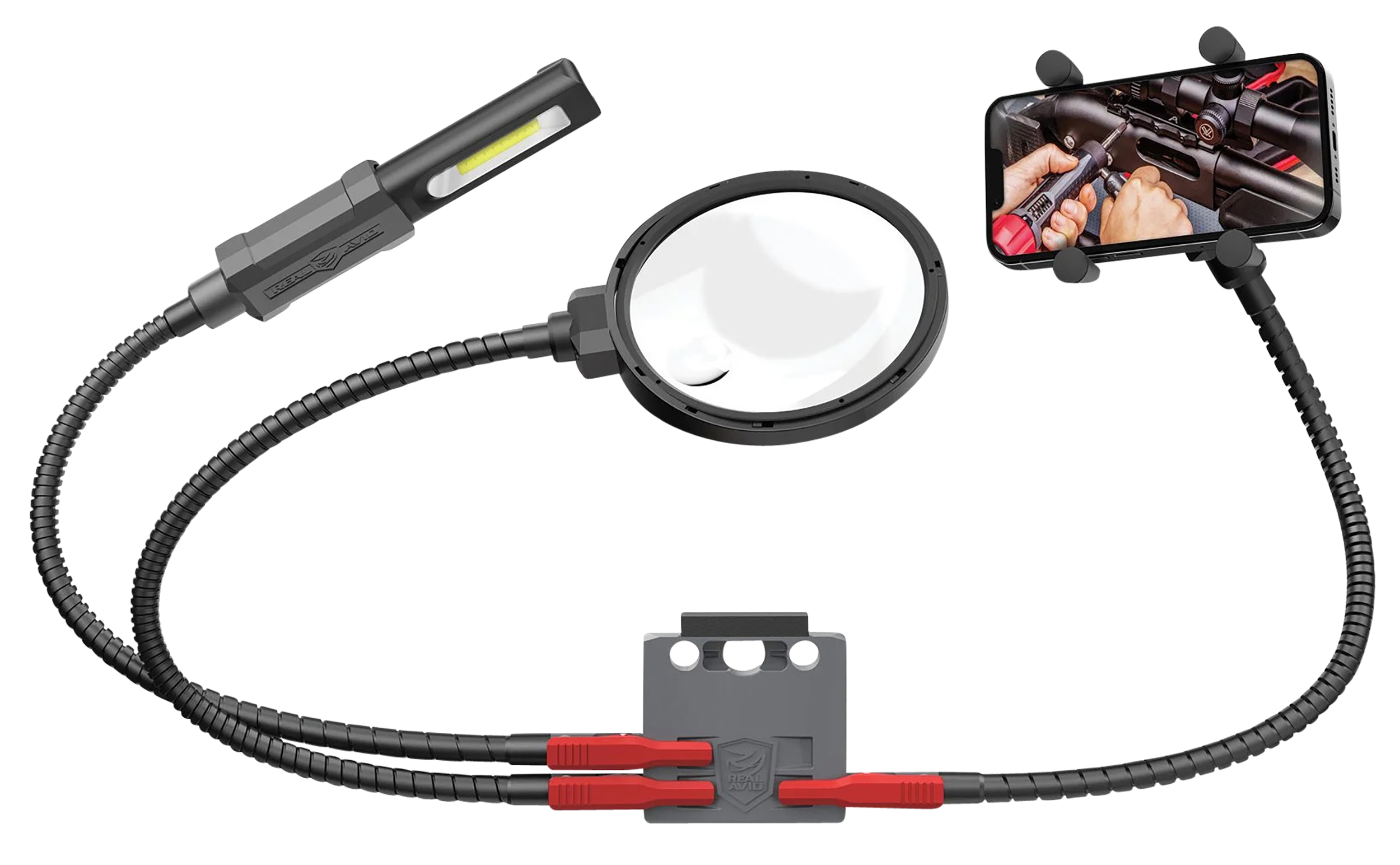 Real Avid AVMVACC Smart Mount Quick-Connect, Includes Magnifying Glass, 180 Lumen Work Light, Cell Phone Holder
