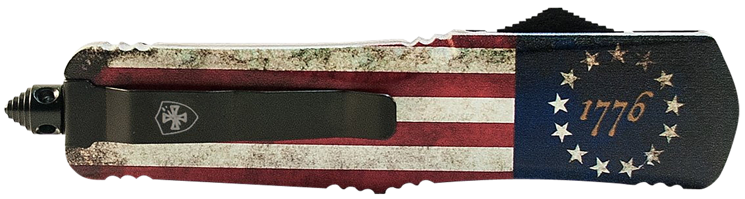 Templar Knife MBRF331 Gen II Betsy Ross Flag Slim 3.43" OTF Drop Point Plain Black Oxide Stonewashed Black 440C SS Blade, 5.05" Betsy Ross Flag Aluminum Handle Glass Breaker