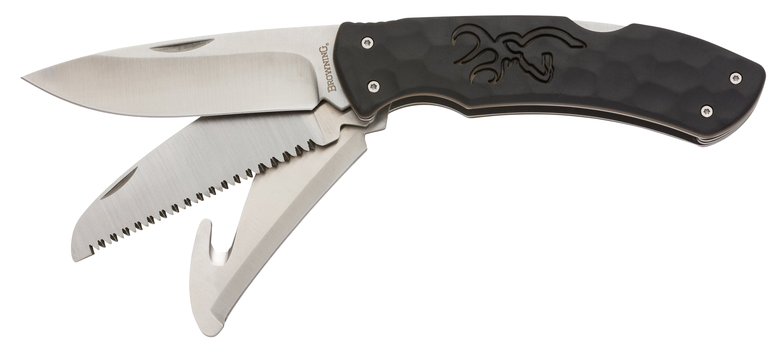 Browning 3220430 Primal Kodiak Slim 3.75" Folding Drop Point/Gut Hook/Saw 8Cr13MoV SS Blade Black Polymer w/Rubber Overmold Handle Includes Nylon Belt Pouch