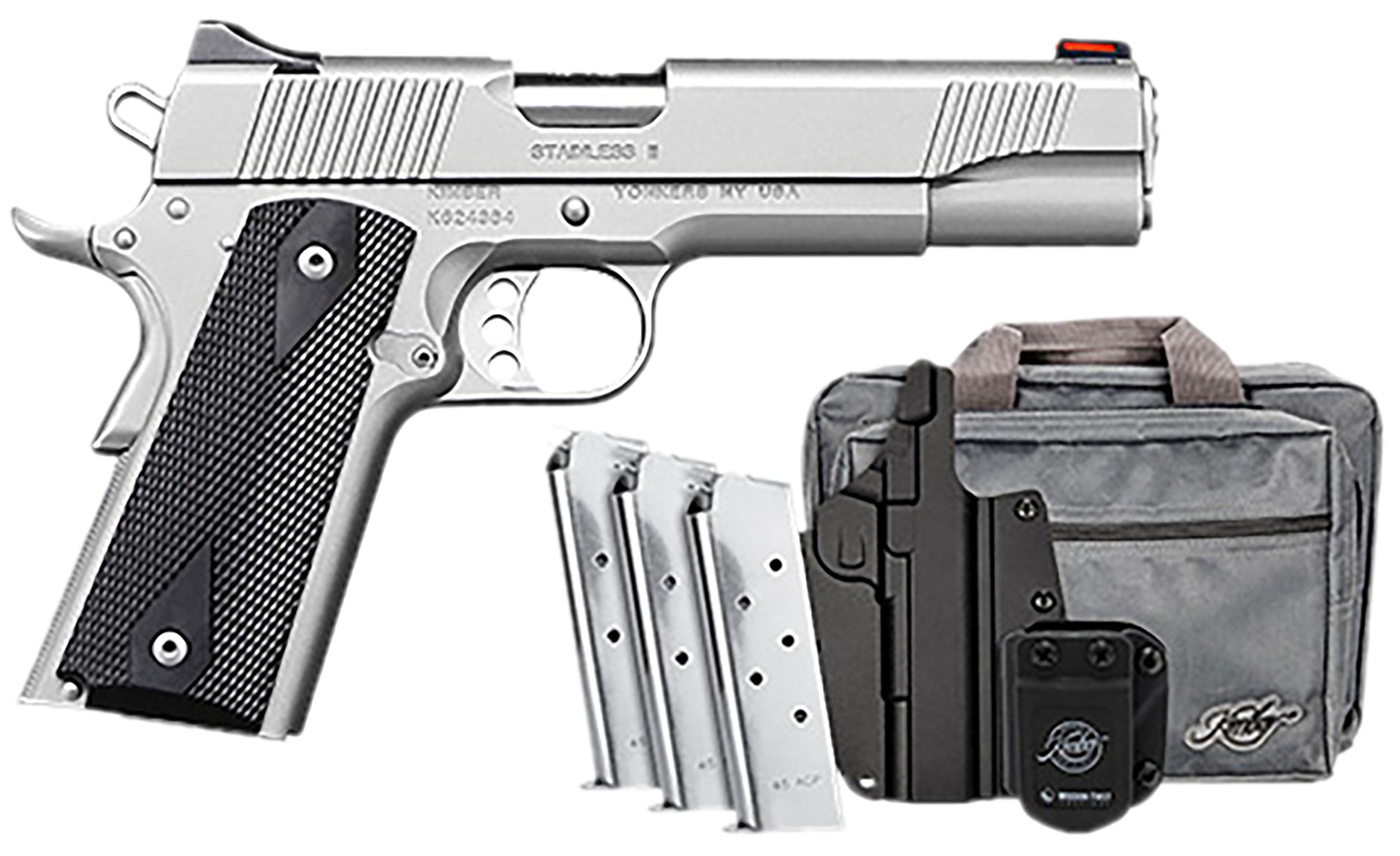 Kimber Mfg.,inc 3200007 Stainless II Club Bundle 45ACP 7+1 5" Satin Silver Front Serrations Stainless Steel Slide Black Synthetic Grip