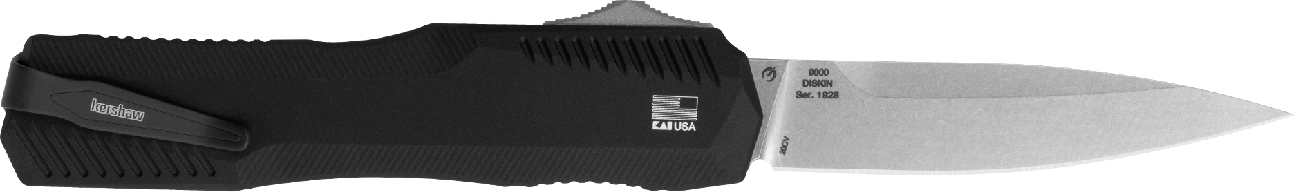 Kershaw 9000 Livewire  3.30" OTF Spear Point Plain Stonewashed CPM 20V SS Blade/ Textured Black Anodized Aluminum Handle Includes Pocket Clip
