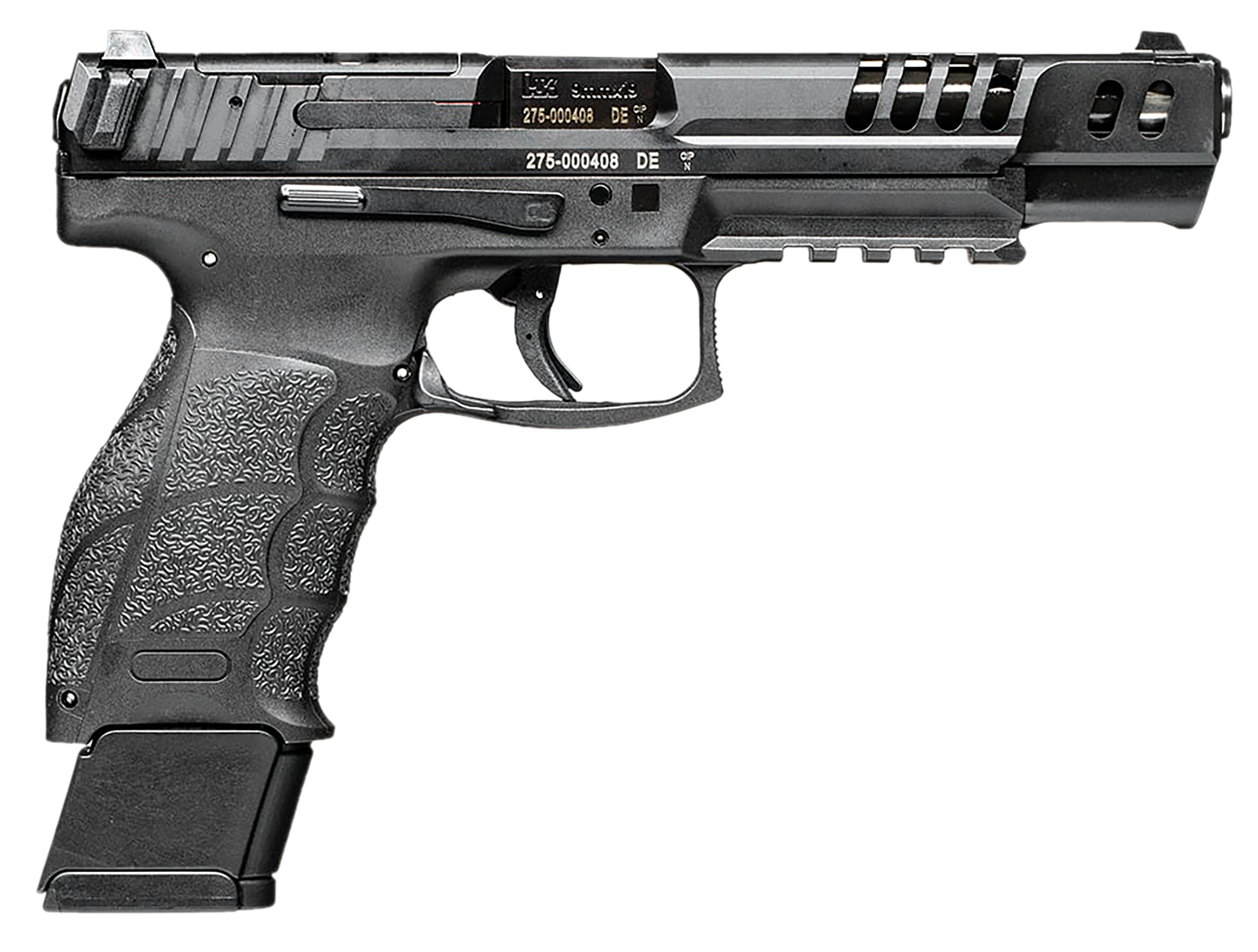 HK 81000553 VP9 Match 9mm Luger 20+1 5.51" Polygonal Rifled Barrel, Black Optic Ready/Serrated w/Ports Slide & Frame w/Picatinny Rail, Black Finger Grooved Polymer Grips, Ambidextrous
