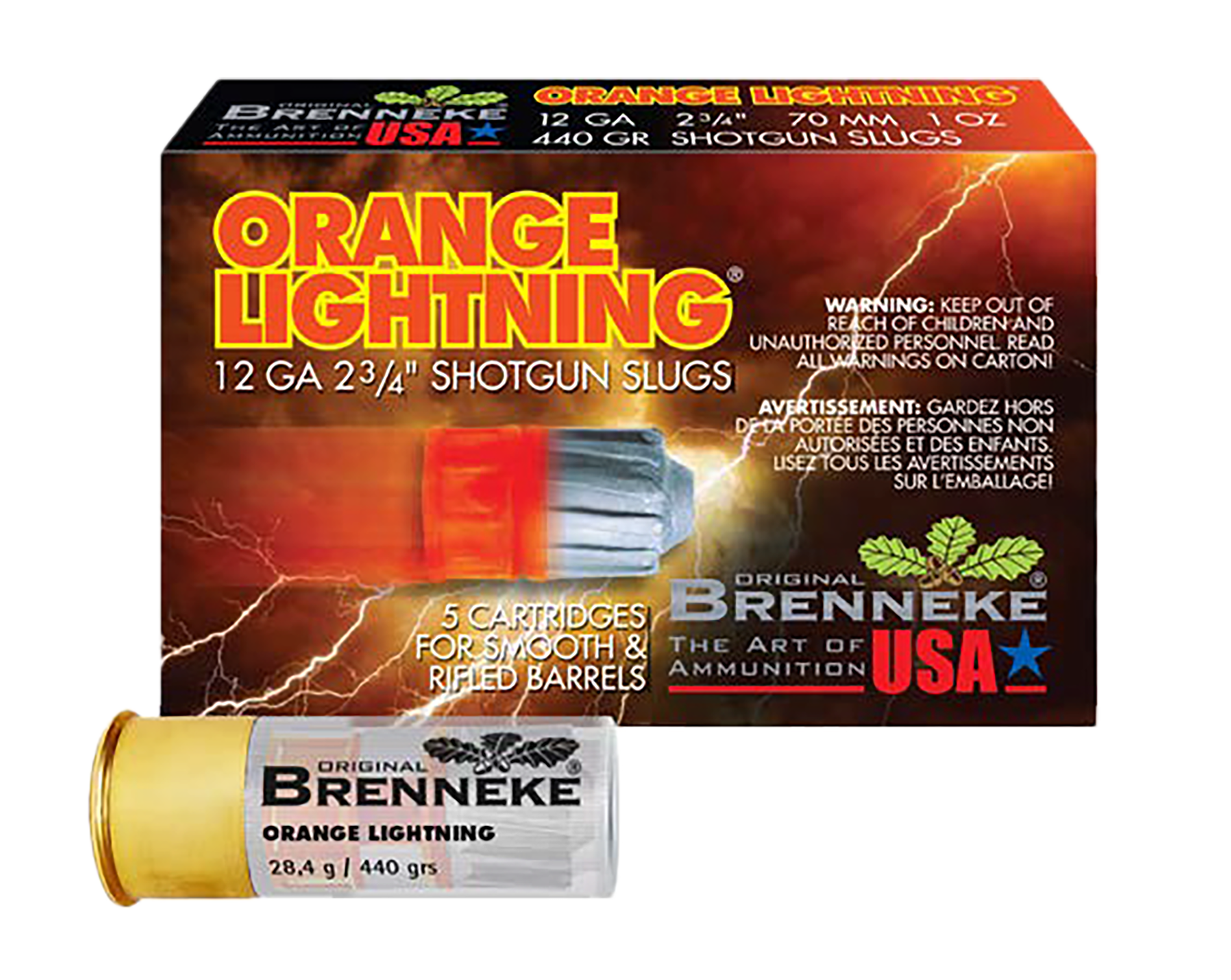 Brenneke SL122OL Orange Lightning 12Gauge 2.75" 1oz Slug Shot 5 Per Box/50 Case
