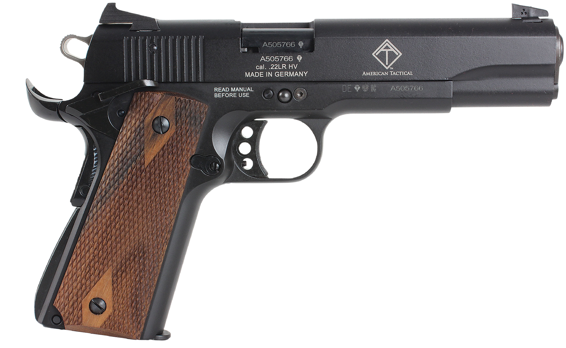 GSG GSG2210M1911CA 1911 *CA Compliant 22 LR 10+1 5" All Black Anodized Steel Barrel, Serrated Slide, Zinc Alloy w/Beavertail Frame, Double Diamond Walnut Grip