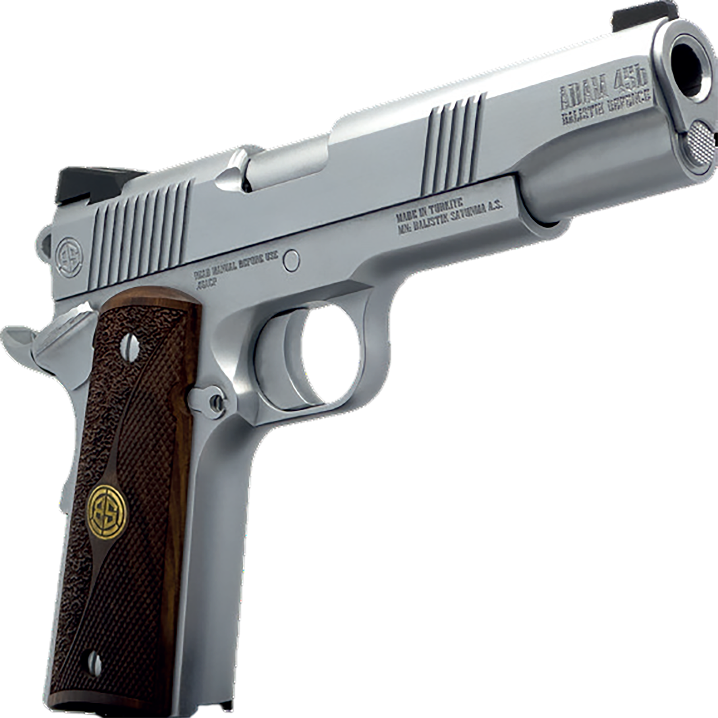 Dickinson LLC DCKSN45B 1911 Adam B Full Size Frame SAO 45 ACP 7+1 5" Stainless Button Rifled Barrel, Stainless Steel B Serrations Slide, Stainless Steel Frame, Wood Grip