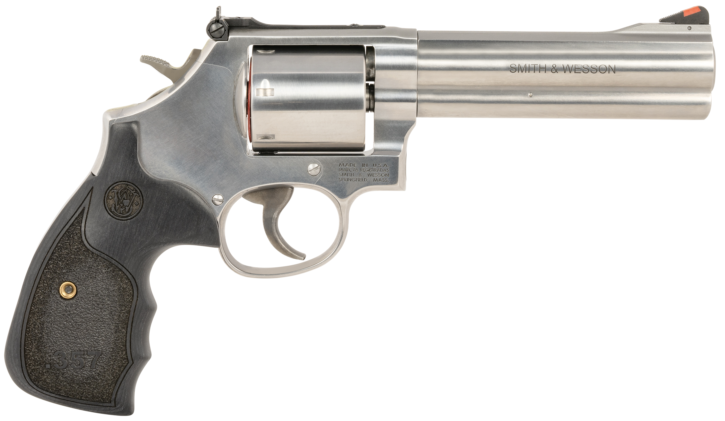 Smith & Wesson 150854 Model 686 Plus 38 S&W Spl +P, 357 Mag 7rd 5" Stainless Steel Barrel & Cylinder Satin Stainless Steel Frame with Black & Silver Custom Wood Grip & Red Ramp Front Sight